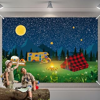 Remerry Camping Backdrop Fake Campfire Decoration Camper Birthday Party Banner Happy Camper Supplies Background for Camping Classroom Party Decorations Photo Background (86.6 x 59 Inch)