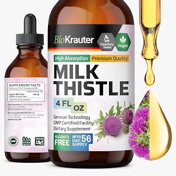 BIO KRAUTER Milk Thistle Supplement for Liver Cleanse & Detox - Liquid Milk Thistle Extract ontains Silymarin for Digestive Support 4 Fl.Oz - Alcohol & Sugar Free, 56 Days of Supply