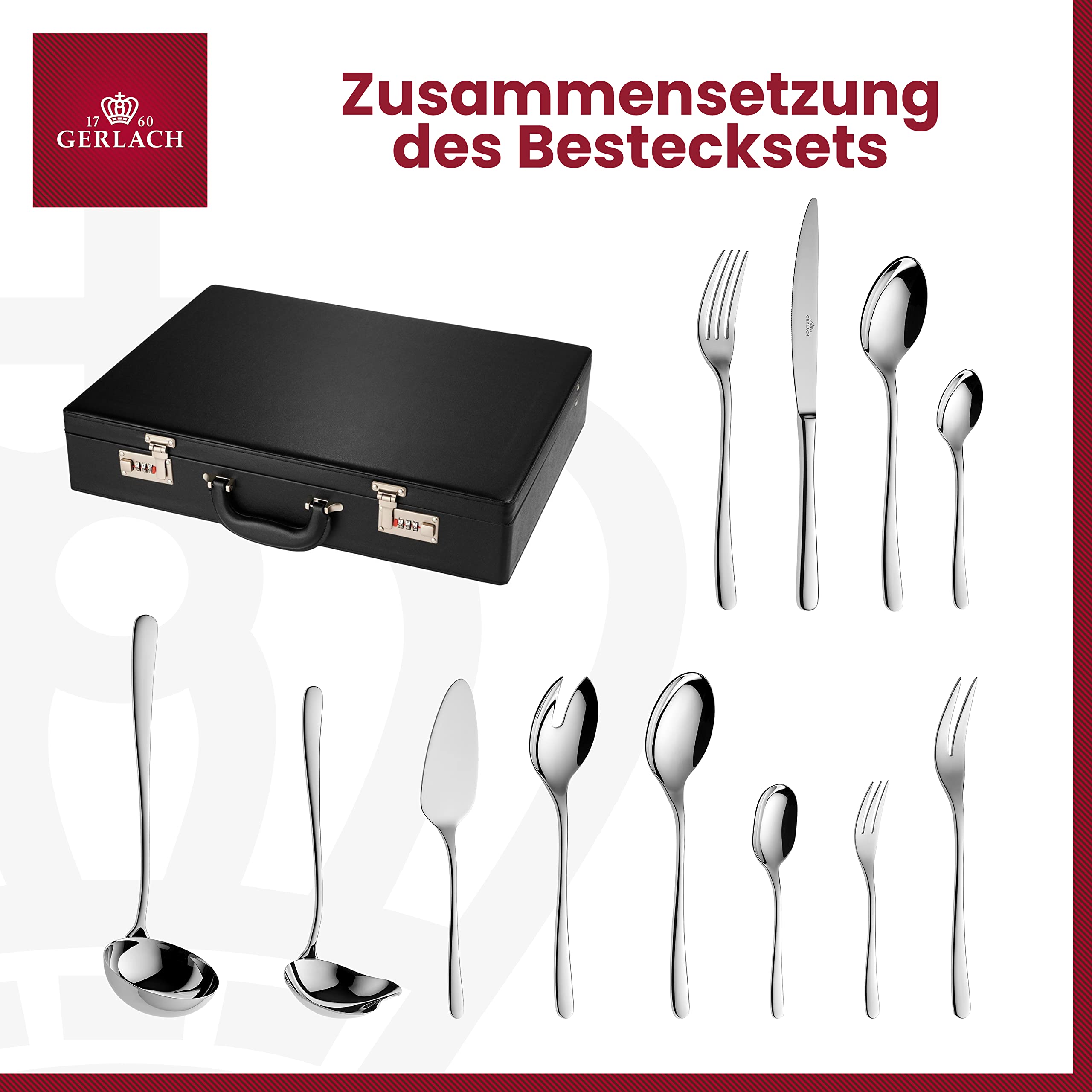 Gerlach Muza Besteck-Set 12 Personen Spülmaschinenfest Essbesteck Edelstahl Besteck Messer Gabel Löffel Teelöffel Kuchengabel Serviergabel Saucenlöffel Schöpfkelle Rostfrei Im Koffer 68 Stk