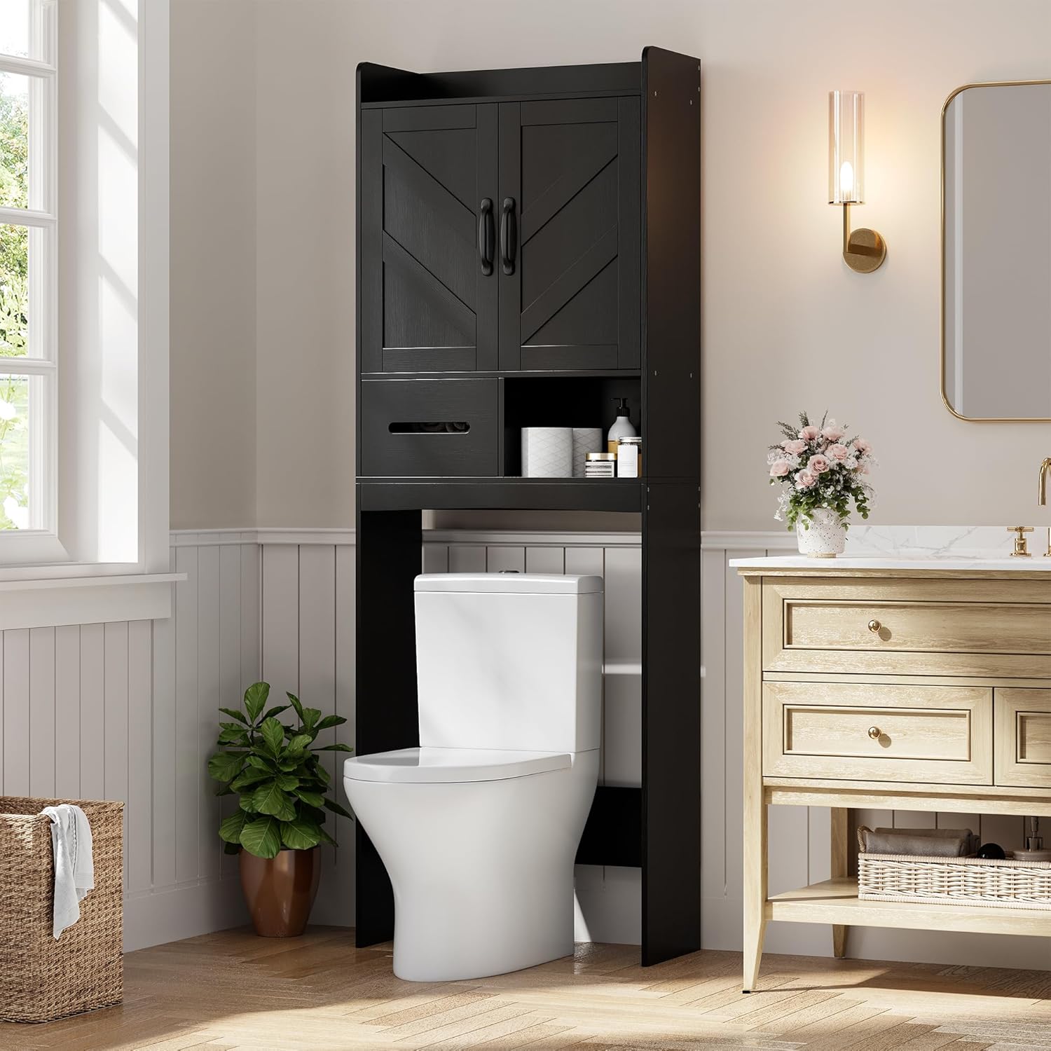 IDEALHOUSE Over the Toilet Storage Cabinet,Bathroom Organizers and Storage with Anti-Tip Device and Adjustable Shelf for Bathroom,Restroom,Laundry,Black