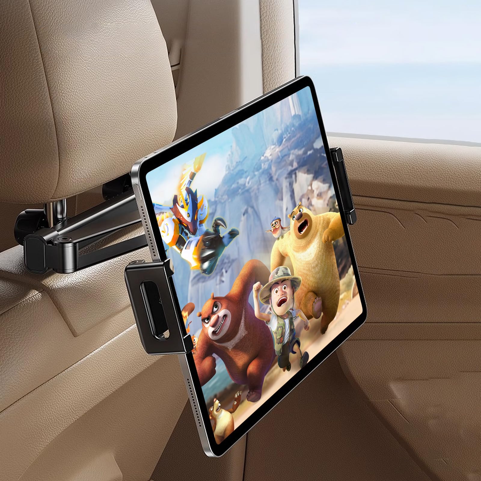 Supporto Tablet Poggiatesta Auto, Estensibile Supporto per Tablet, 3 in 1 Estensibile, 27CM Braccio Ultra-Lungo, Braccio Metallo, Clip Silicone Ampia, 360° Rotazione, per iPad/Switch/Phone