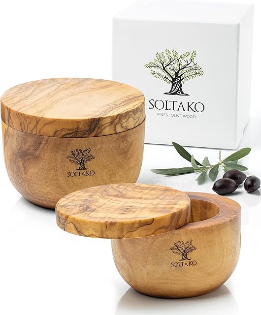 SOLTAKO Olive Wooden Spice Jar with Lids, Tea Coffee Sugar canisters, Set of 2 Spices Jars, Sugar Pot, Kitchen Storage Boxes, Seasoning Pot, Healthy Kitchen Storage Containers Ø 10 cm