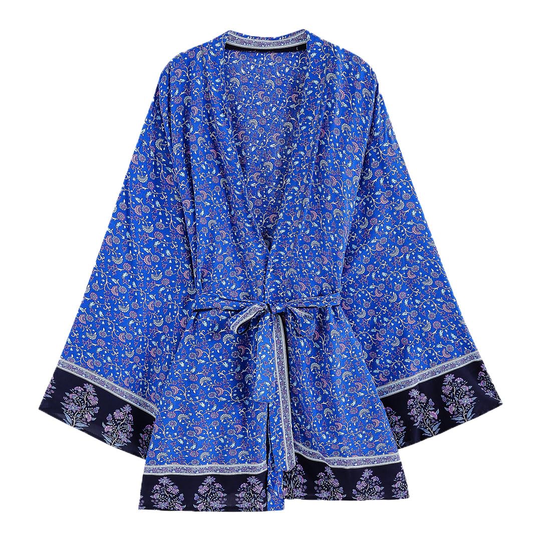 Vintage niebieskie kwiatowe szlafroki rayon bawełniane szarfy plażowe okrycie luźne damskie boho kardigan