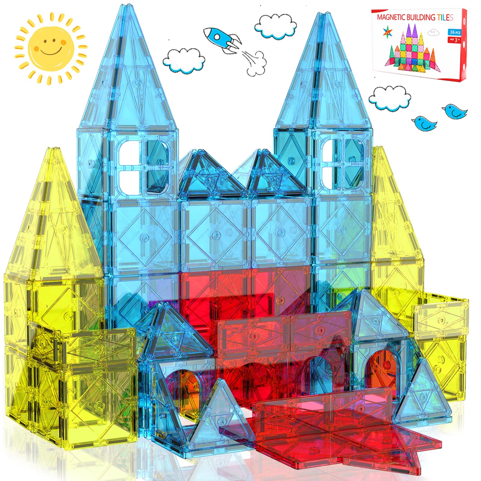 Bloc de Construction Magnétique Jouets: 36 Pièces Construction Magnetique Enfant Tuiles Magnétiques Enfants Magnetic Building Blocks Jeux Cadeau pour Enfants 3 4 5 6 7 8 Ans Garcon Fille
