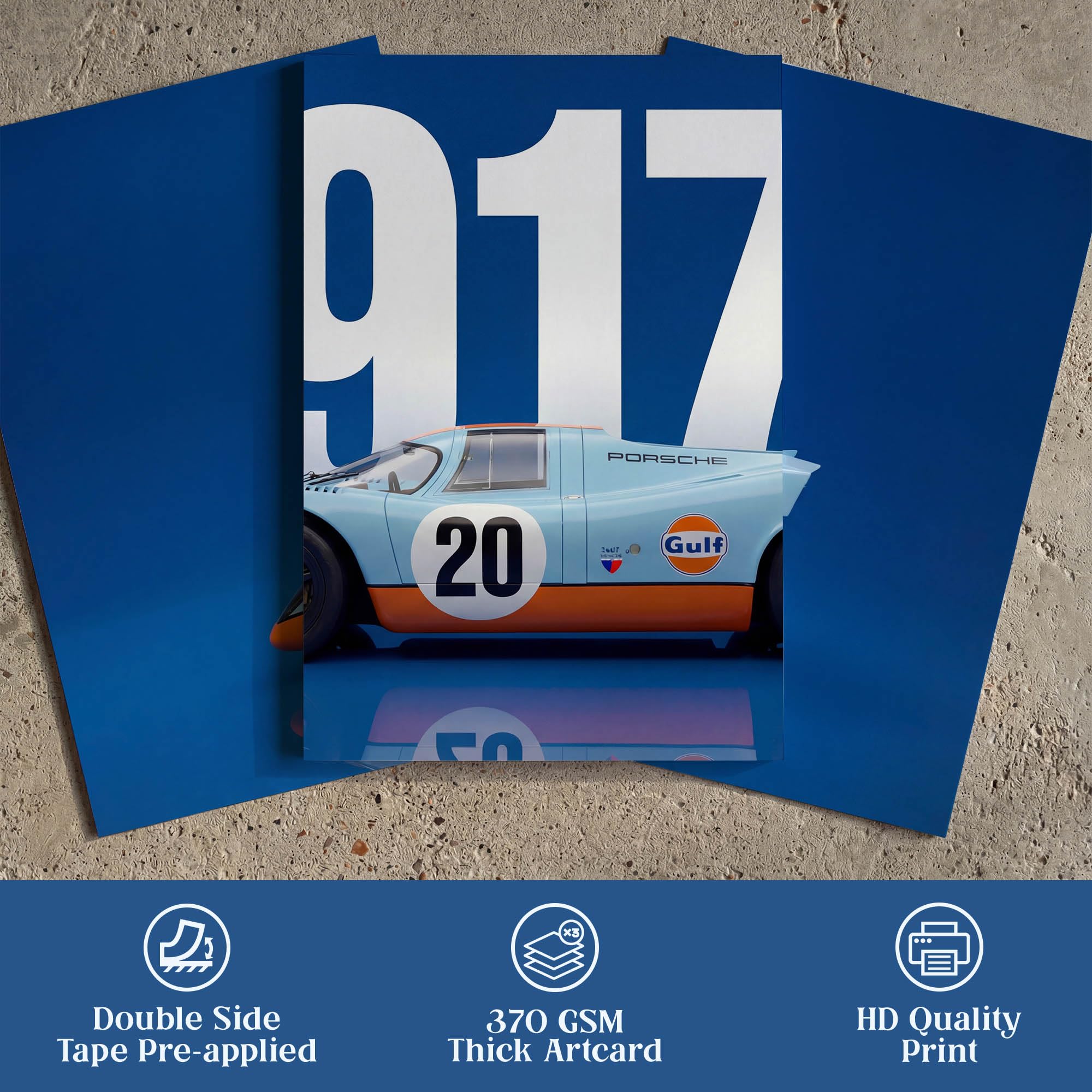 SoulAbiti 3-Piece Porsche 917 Wall Art - Gulf Livery Blue & Orange Racing Car Printed Poster Large Motorsport Triptych Posters - Racing Decor for Room & Garage Le Mans Legend 2