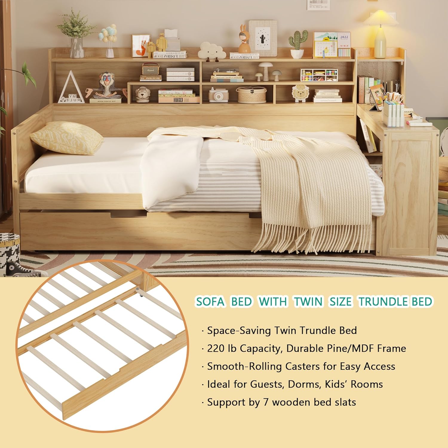 Polibi Daybed Trundle Bed with Slats and Capacity Information