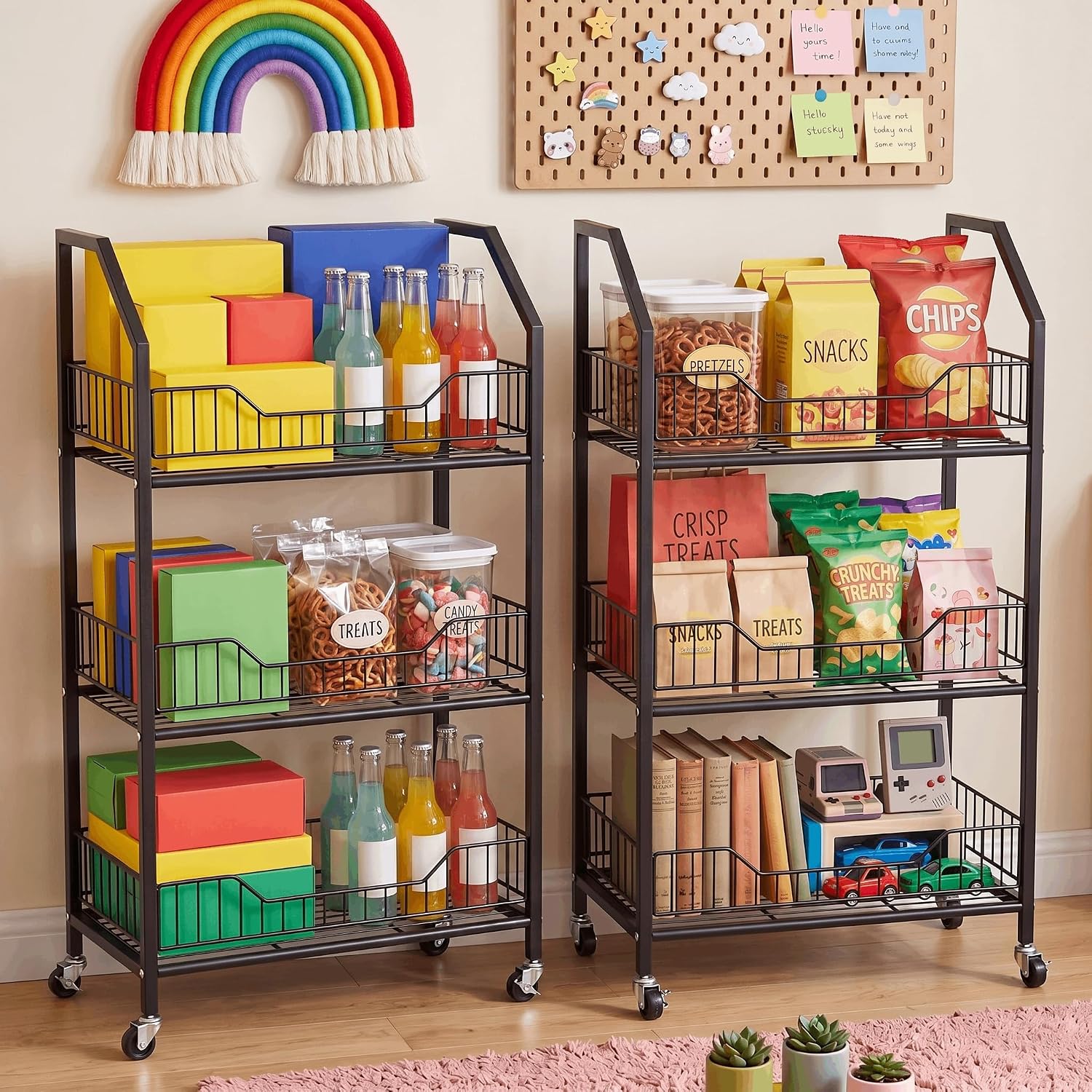 3 Tier Supermaket Snack Rack Display Stand | Retail Display Shelves with Hooks & Wheels, Metal Snack Shelf for Store Home Kitchen, Black Chip Rack Display Stand (3 Tier)