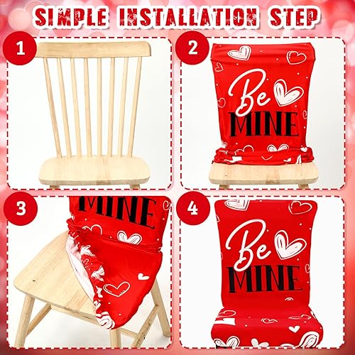 Miniatura 4 de Preboun Juego de 6 fundas para sillas para el día de San Valentín, protector elástico de corazón rojo, extraíble, lavable, para comedor, hotel,