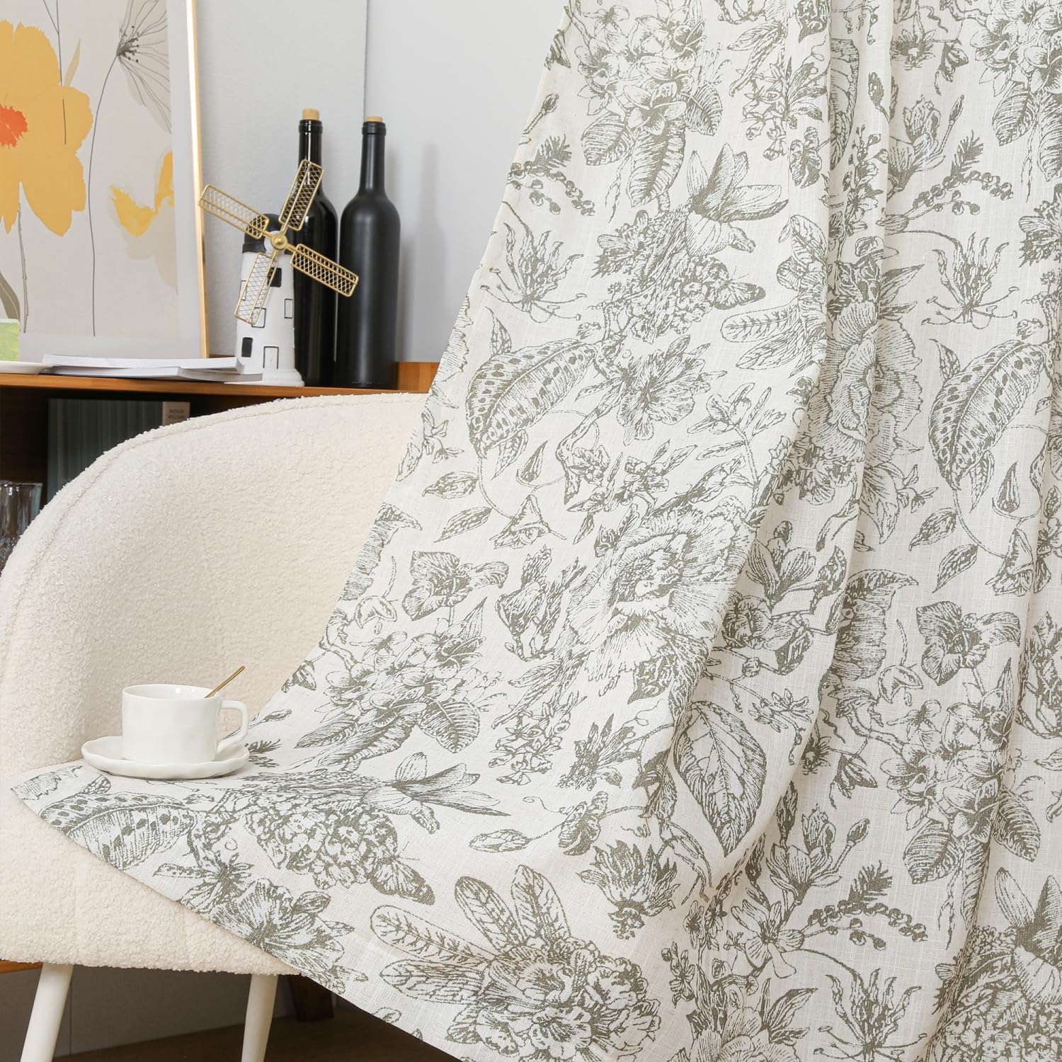 Farmhouse Linen Blend Curtains 63 Inch Long Vintage Plants Floral Window Drapes Bedroom Living Room Curtains 2 Panels, Vintage Green