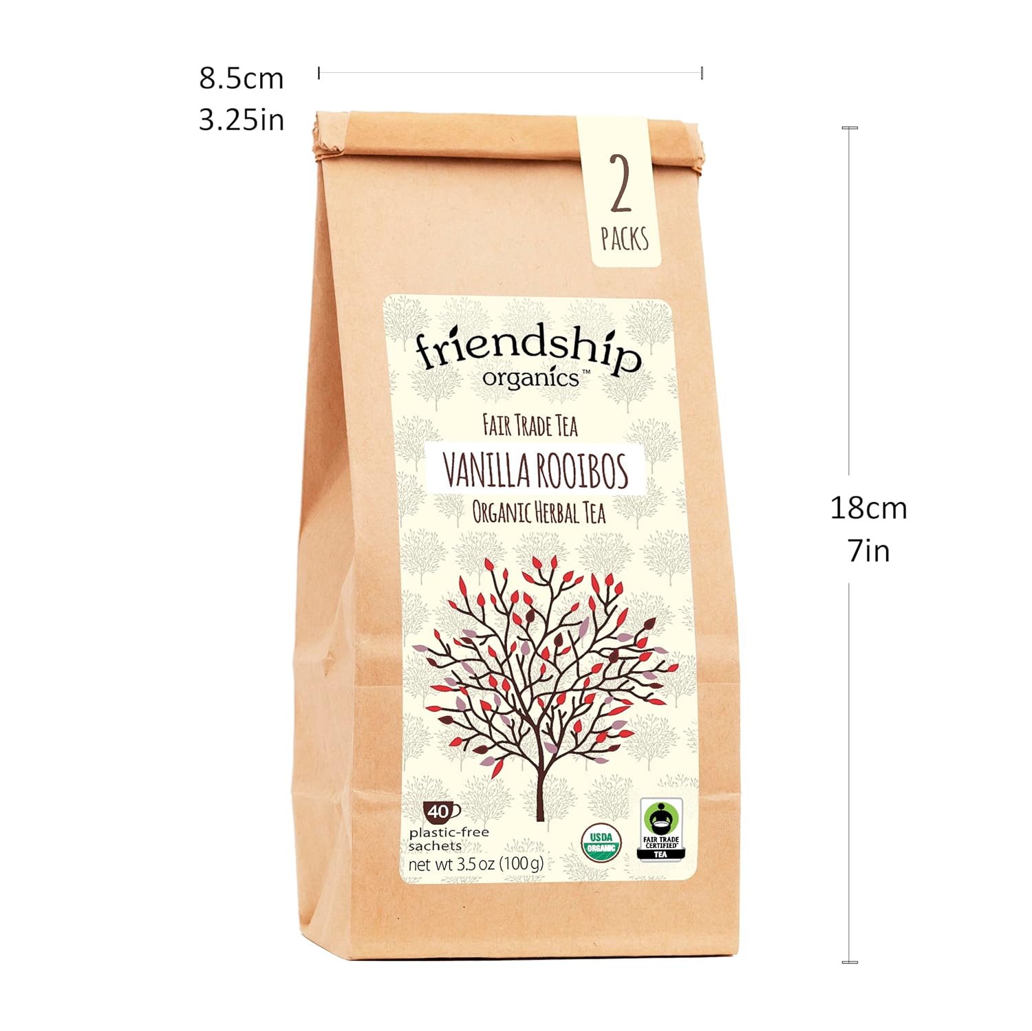 Friendship Organics Vanilla Rooibos Tea Bags, Organic and Fair Trade Herbal 40 Count (Pack of 2)