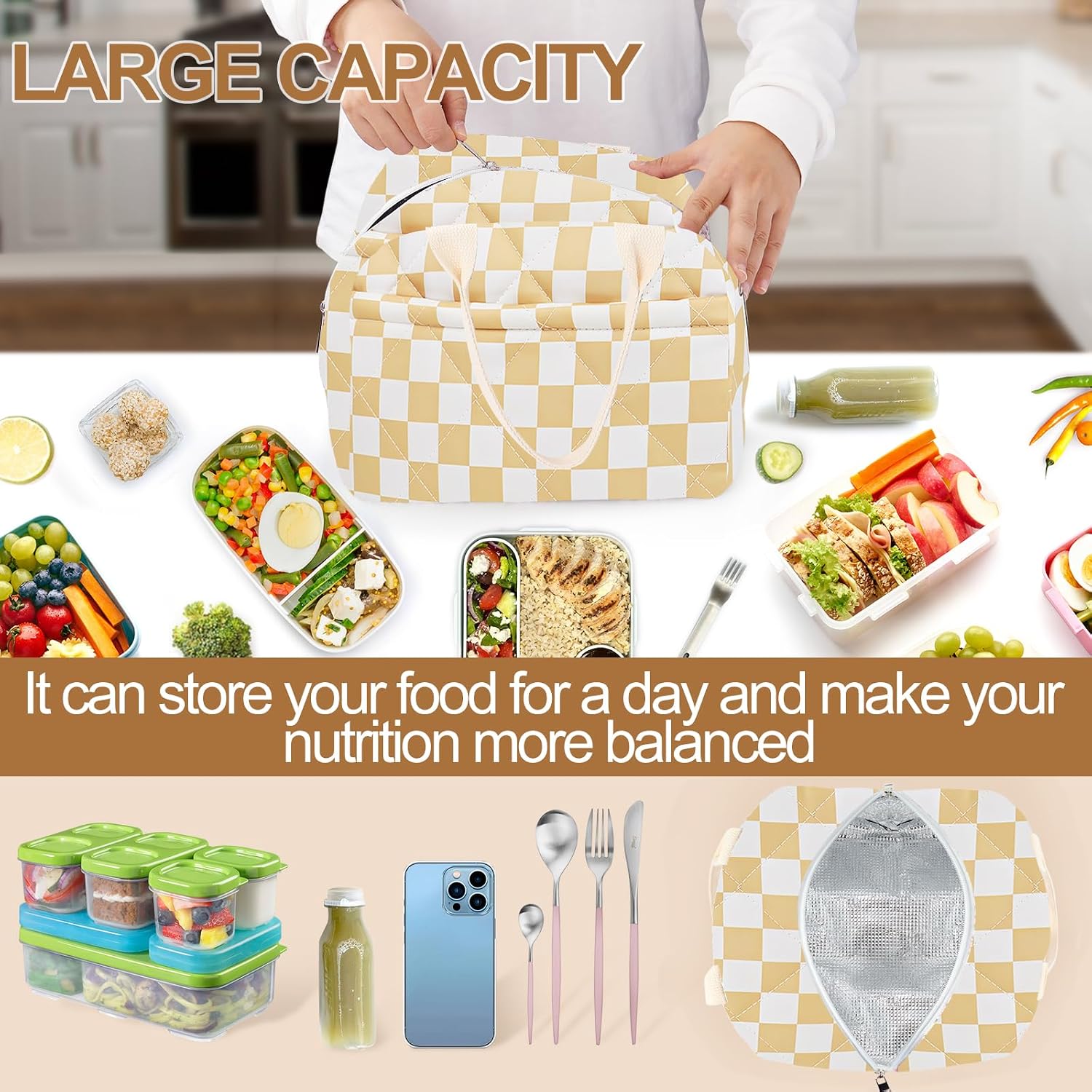 Cotton Quilted Insulated Lunch Bag, Reusable Quilted Floral Lunch Tote Bags image 5