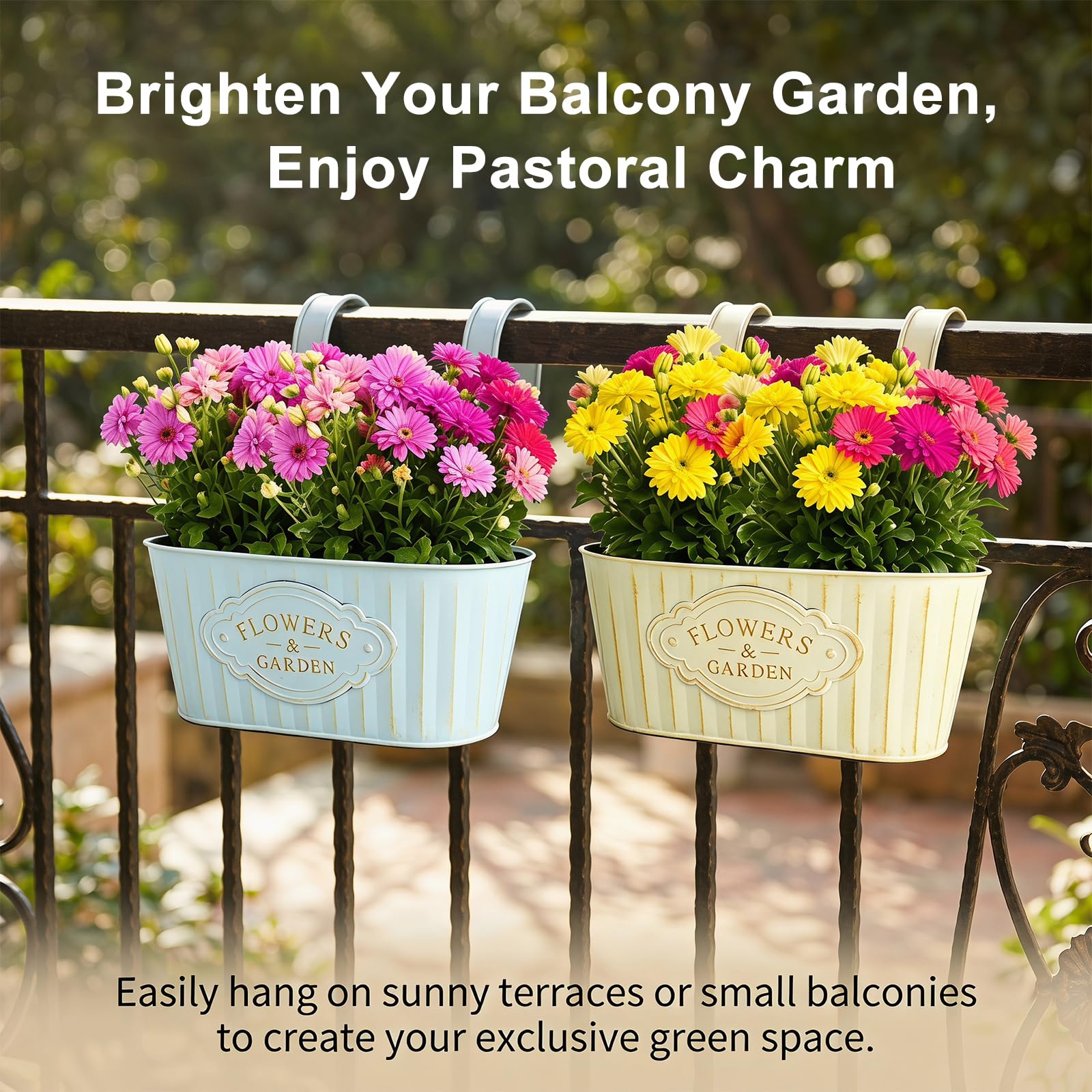 FARYODI 4 pezzi vasi da fiori pensili in metallo, 27,5 cm, vasi pensili per piante, secchi per fiori pensili, vaso da fiori pensile per ringhiera del balcone, recinzione, giardino
