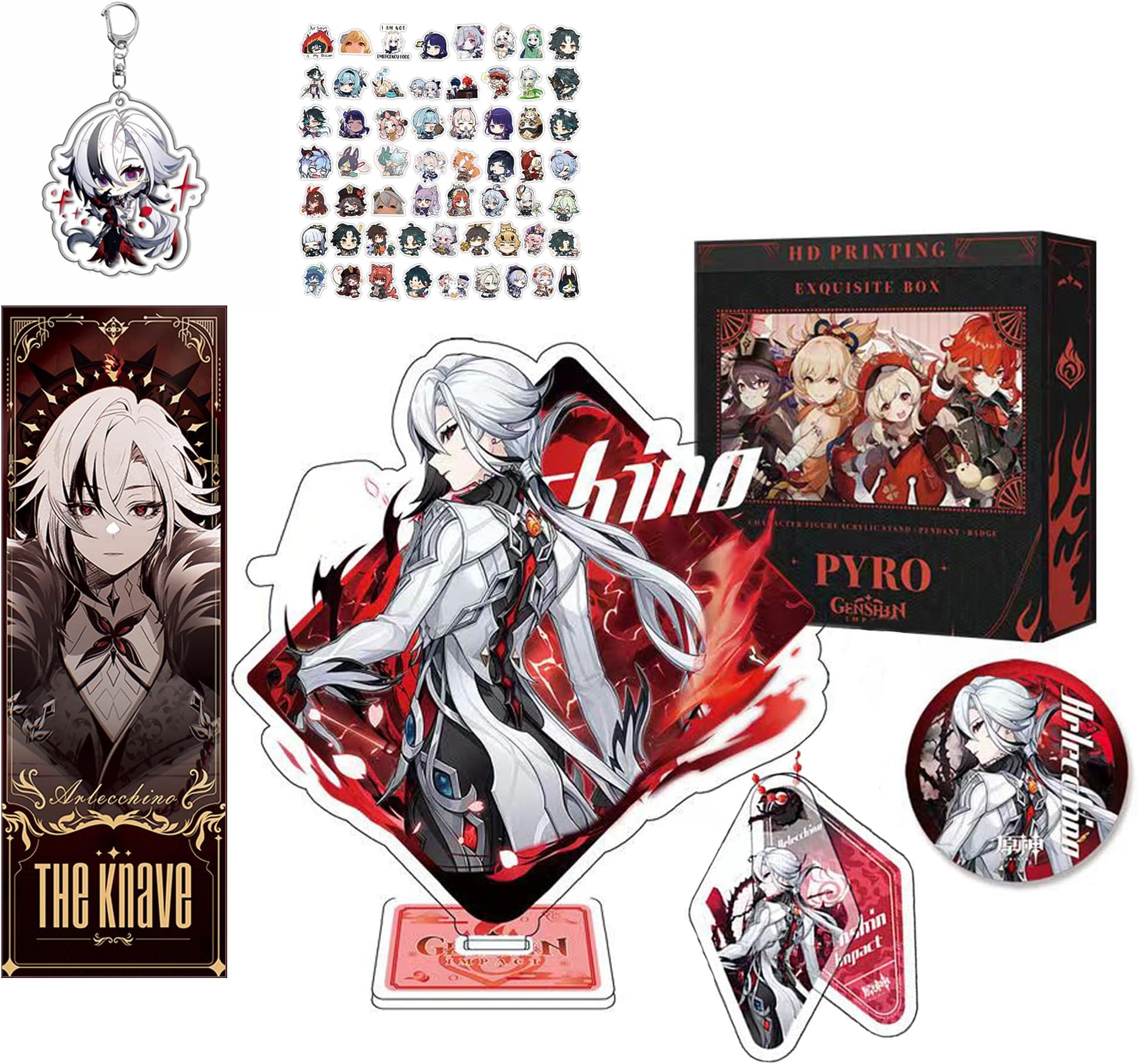 Genshin Impact Merch Gift Box Include Stickers Keychain Pendant Badge And Acrylic Stand Figure (Arlecchino)