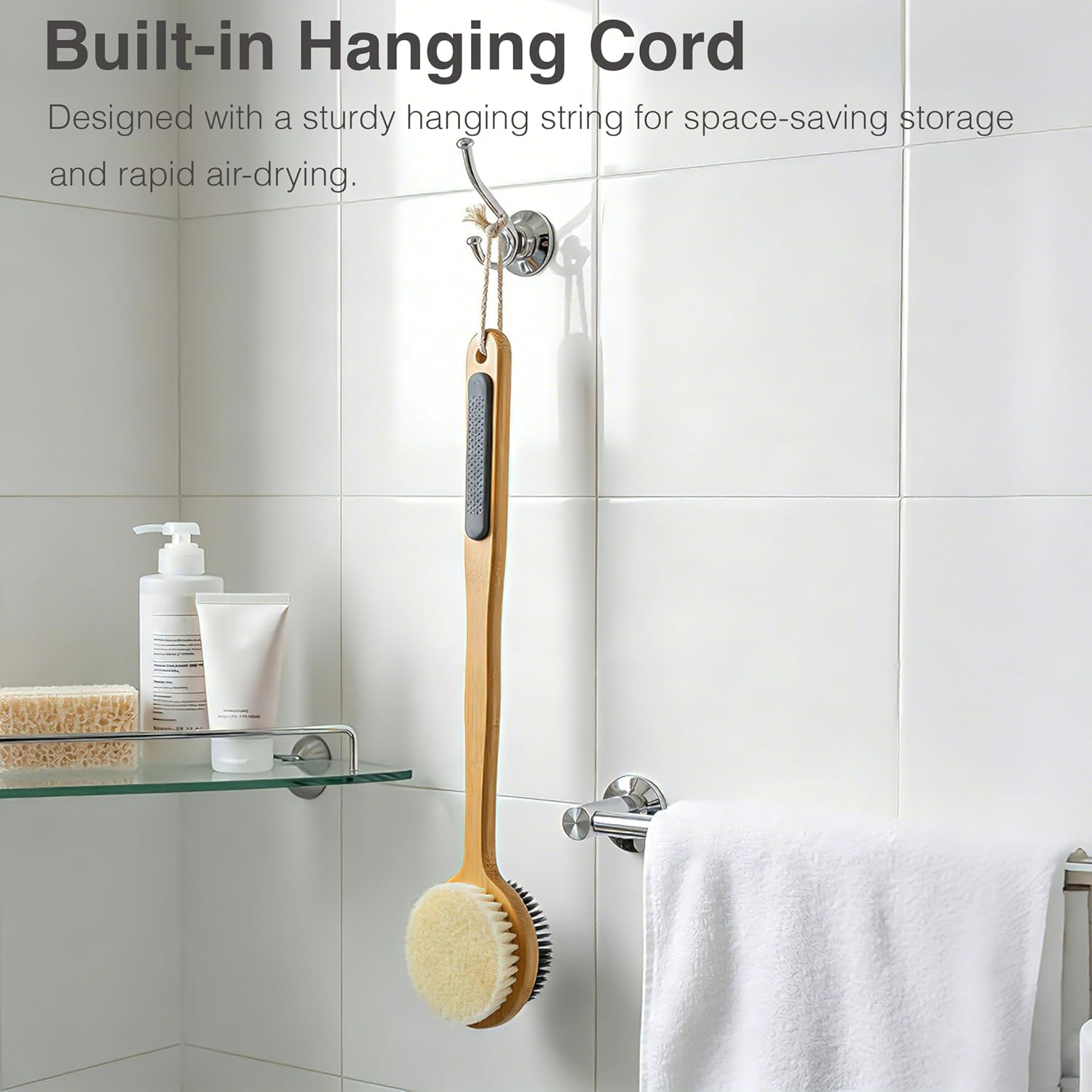 Dual-Sided Back Scrubber for Shower – Nylon Bristles for Deep Exfoliation, Soft Silicone for Gentle Care, Long Bamboo Handle with Anti-Slip Grip, Perfect for Wet or Dry Brushing (Gray) image 4