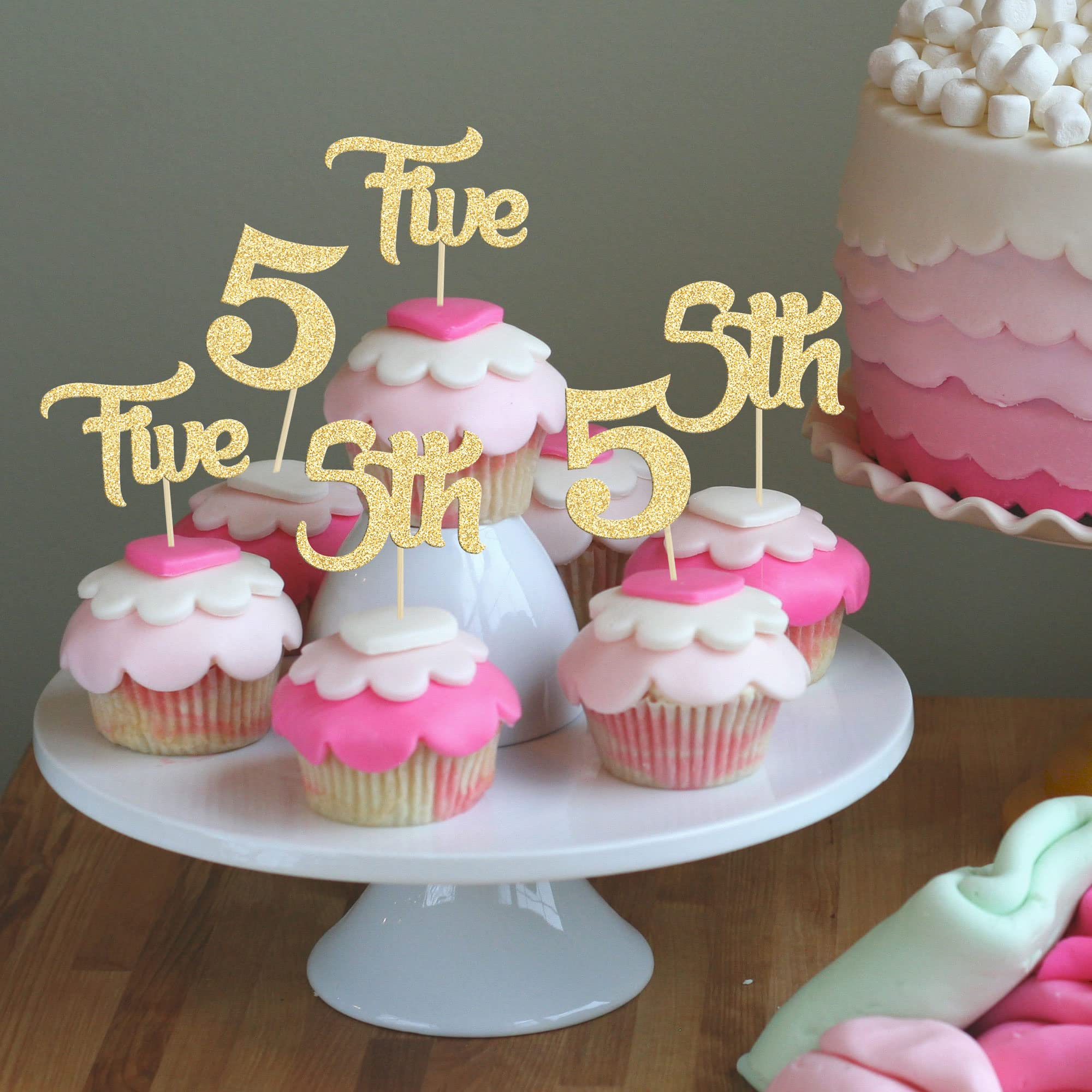 24 Cupcake-Topper Zum 5. Geburtstag – Rosa Glitzernd, 6,3 X 11,7 Cm, Aus Karton, Für Kuchendekoration