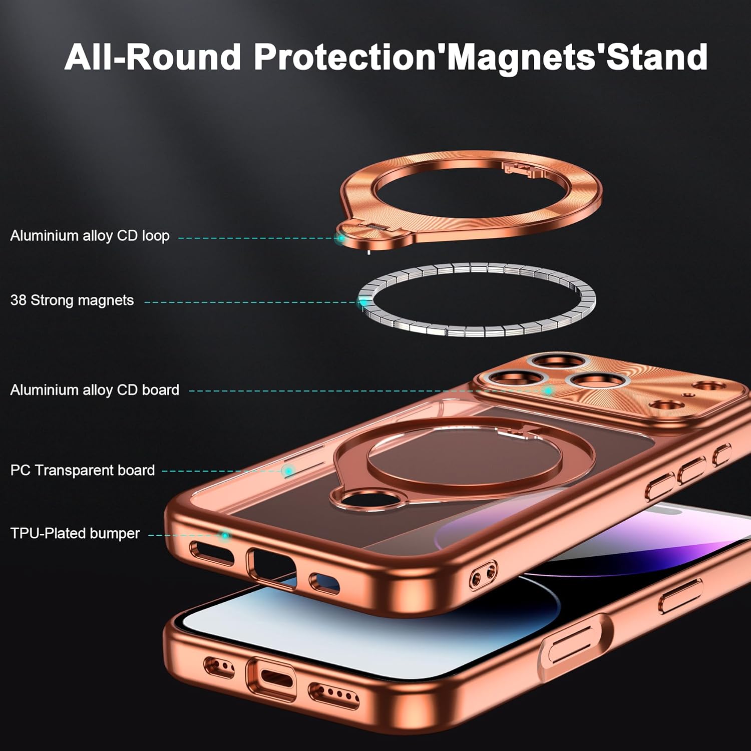 iPhone 17 Pro Max Electroplated Metal Case with Magnetic 360 Spin CD Metal Ring Stand Fit for Magsafe Polished Slim Clear Back Military Case with Camera Cover for Men Woman Cosmic Orange