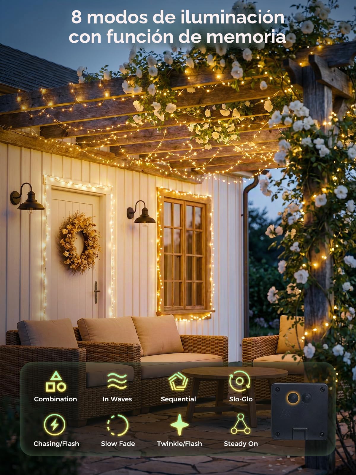 Cadena de luces solares extra largas, paquete de 2 luces para exteriores de 30m, impermeables, con energía solar, 300 luces LED para patio, jardines, patio, árbol, boda, Navidad
