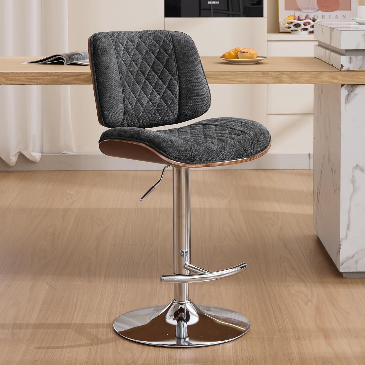 IPKIG Bar Stools, Modern Adjustable Height Counter Barstools with Swivel & Back, Chenille Bar Chairs Kitchen Island Stools with Footrest, Dark Gray