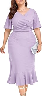 Plus Size Dress for Women Modest Short Sleeve Ruched Bodycon Mermaid Cocktail Midi Dresses 1X-6X - Buy now