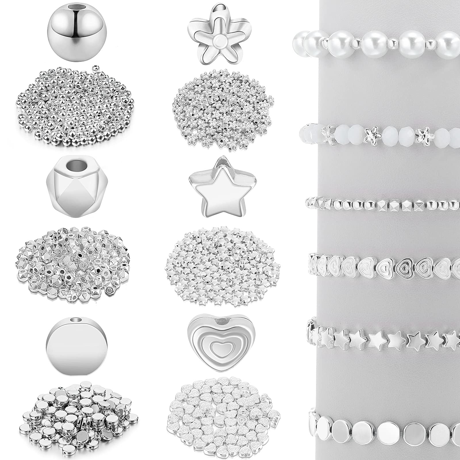 Hicarer 1200 Pieces Spacer Beads Set Star Round Ball Rondelle Faceted Spacer Heart Flower Flat Disc Loose Beads for Bracelet Charms Jewelry Making(White Gold)