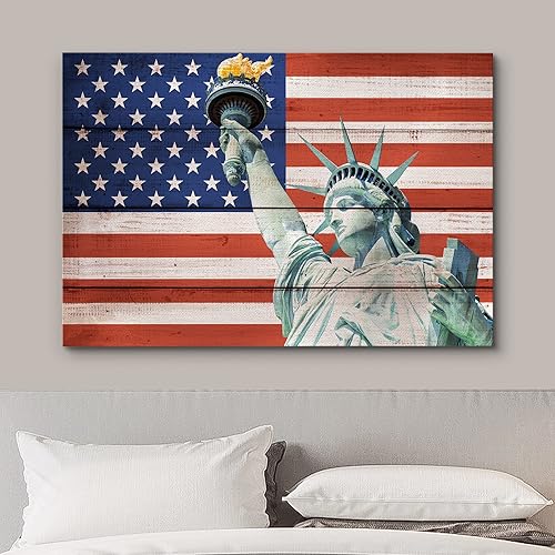 Miniatura 3 de wall26 Lienzo impreso para pared, estatua de la libertad, bandera estadounidense de Estados Unidos, 4 de julio, paneles de madera, arte moderno,