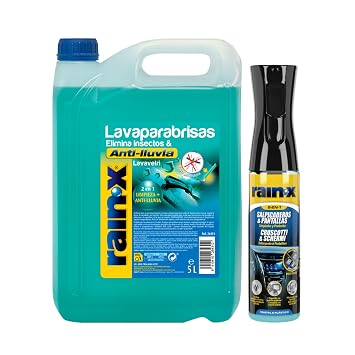 Rain-X Limpiaparabrisas Coche Antilluvia con Protección Anti Mosquitos, 5L + Rain-X Limpia Salpicaderos Coche & Limpia Pantallas Auto, 300 ml