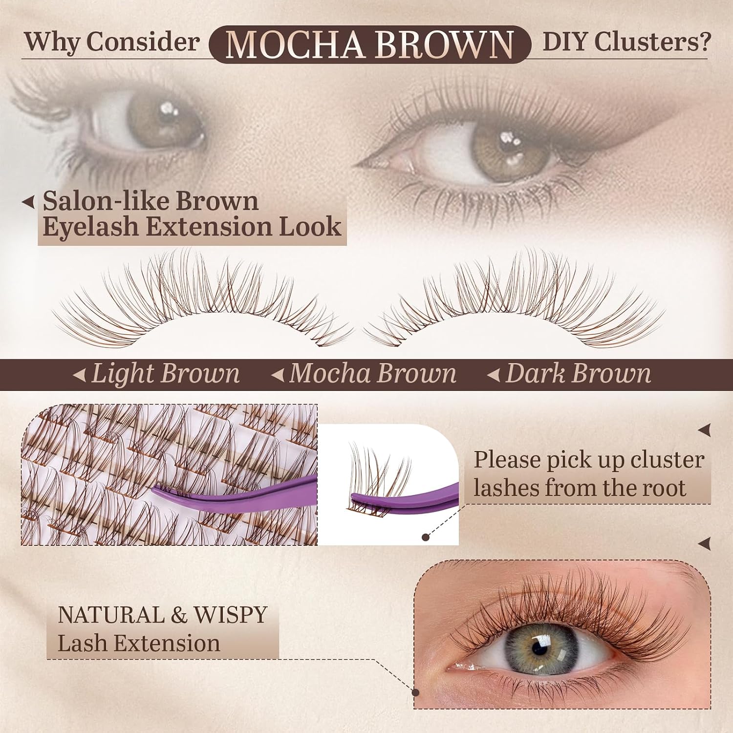 B&Q Brown Lash Clusters Blonde Velure Eyelash Cluster for Light Hair, MochaLash Cluster Eyelash Extensions Soft Browns False Eyelashes Comfortable Velure Eyelash Clusters（Velure 05） image 5