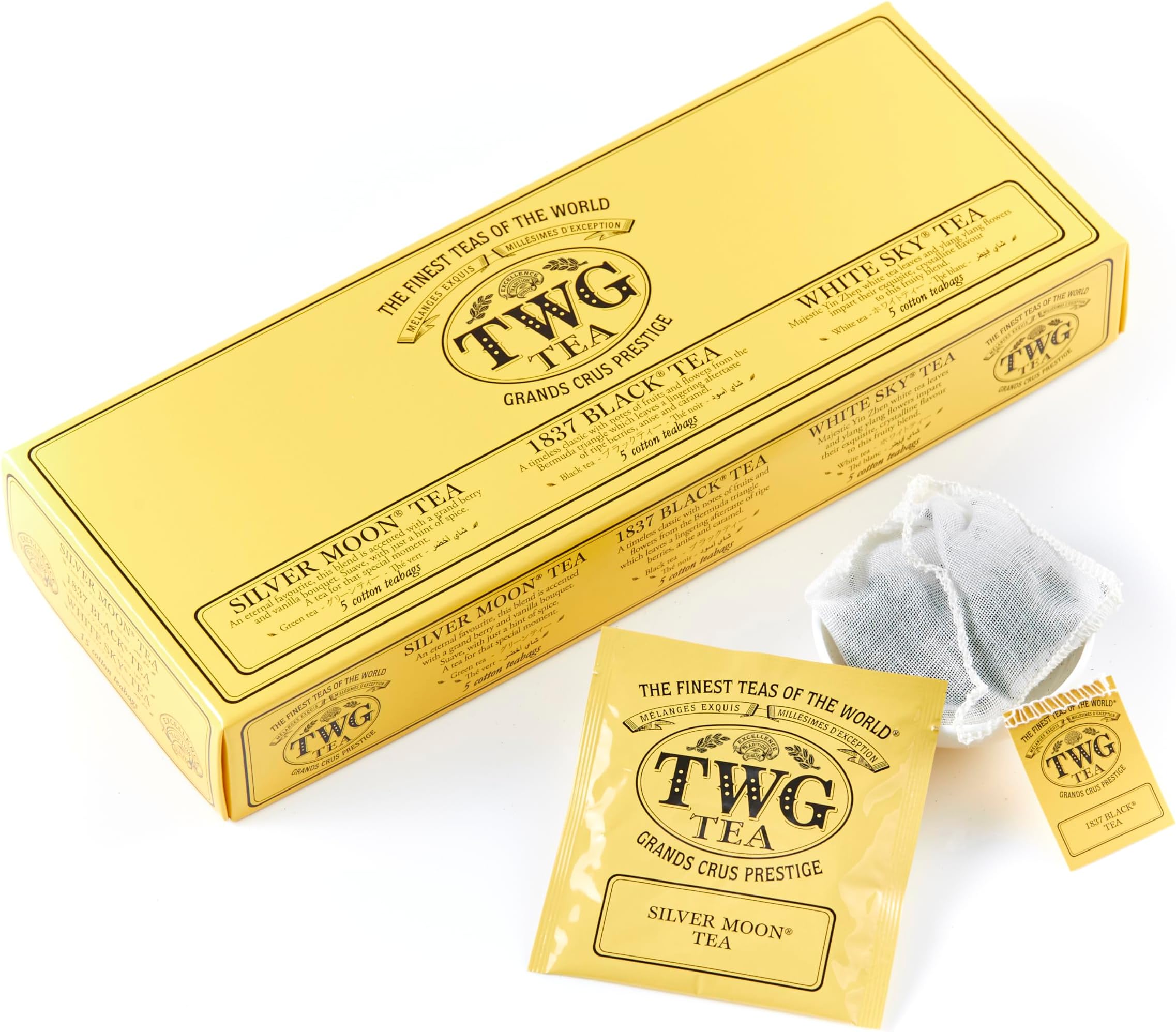 TWG Tea Premium Tea Moon & Sky Tea Selection, Assorted 3 Popular Types (Silver Moon, 1837, White Sky), Individually Wrapped Tea Bag Gift (0.09 oz (2.5 g) x 15 Packs), Father's Day Gift