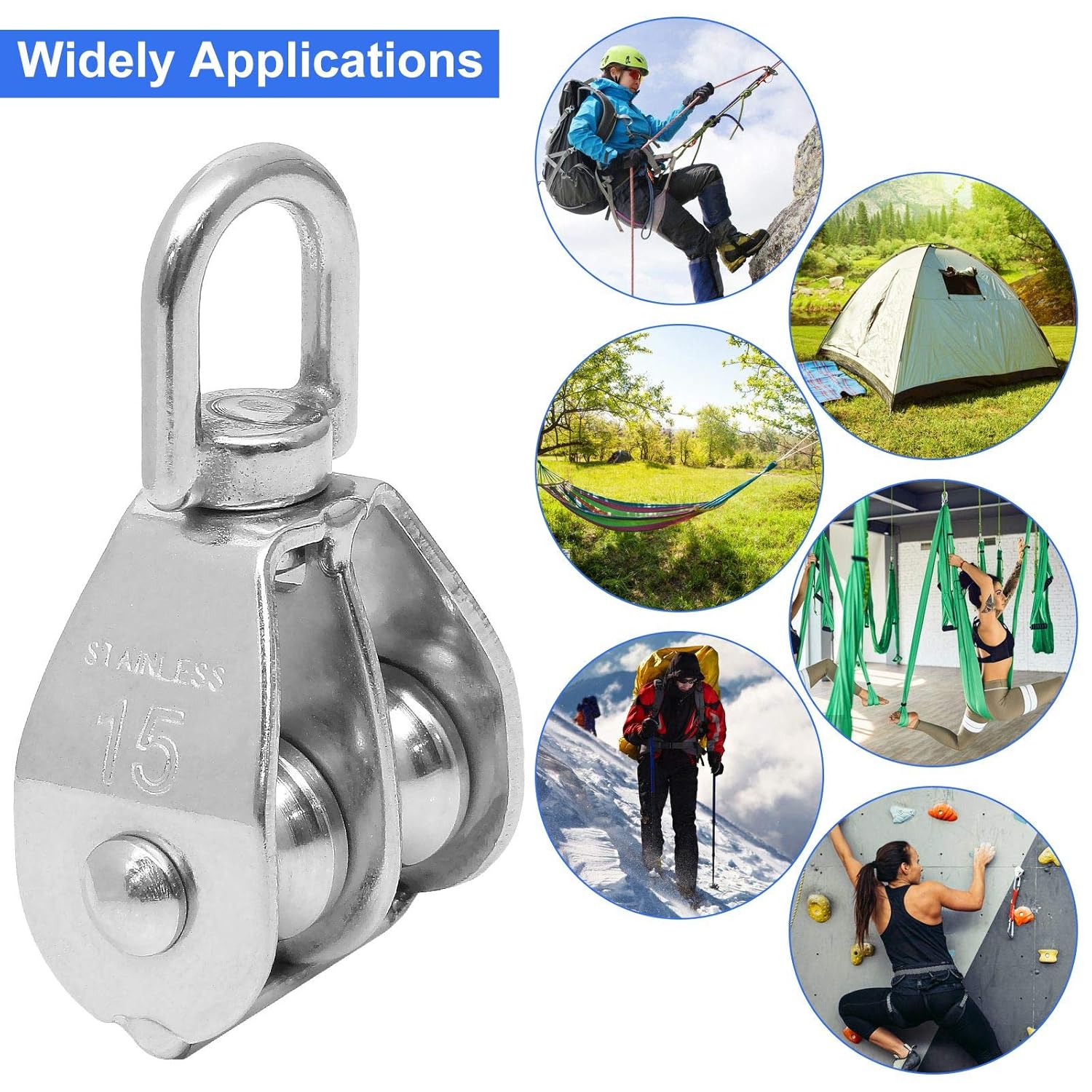 WENCHENG M15 Double Pulley Block, 4PCS Stainless Steel Wire Rope Crane Pulley Roller Heavy Duty Lifting Crane Swivel Hook, Silver Tone, 77lbs: Industrial & Scientific