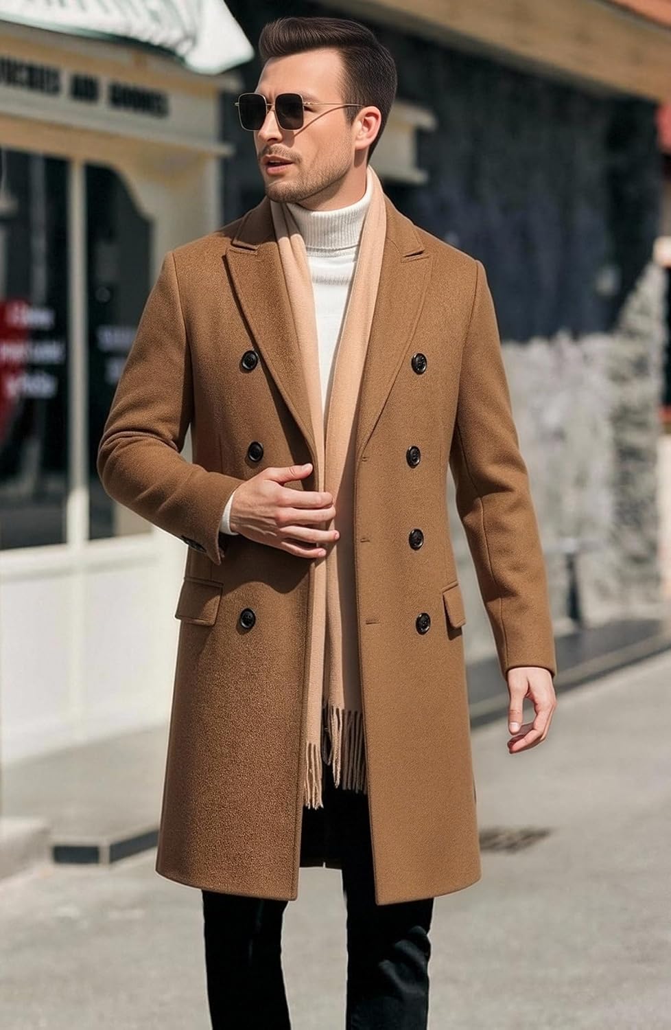 Men's Premium Wool Blend Double Breasted Long Pea Coat