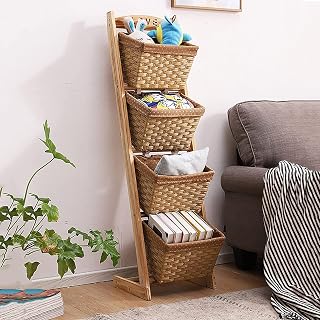 Organizador vertical de almacenamiento de juguetes con cestas de mimbre de 4 niveles, color amarillo, para juguetes, aperitivos y libros, 35,5 x 28 x 122 cm
