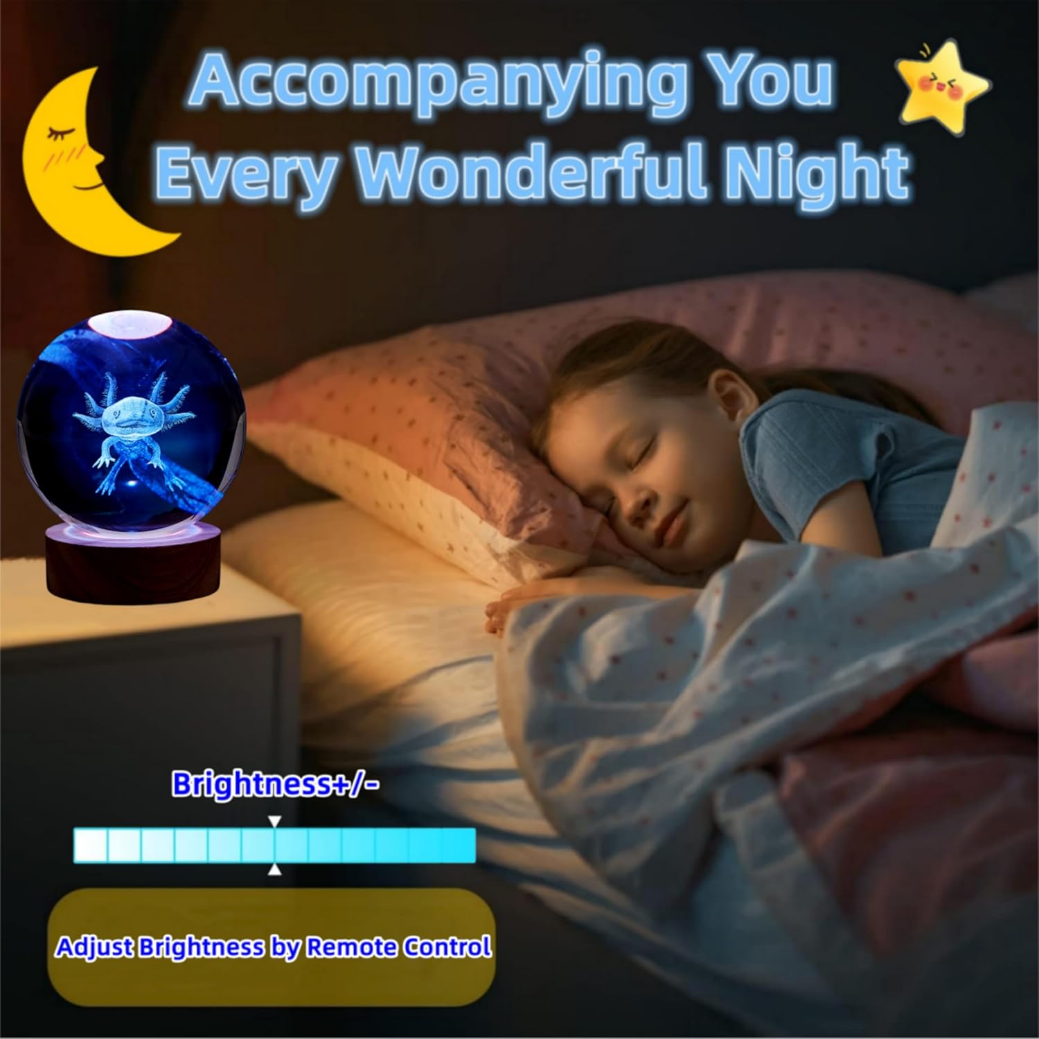 axolotl lamp,3.15 inch 3D K9 Crystal Ball Axolotl Night Light with Wooden Base,16 colors change,remote control,color box,Birthday Christmas axolotl Gift - Image 3
