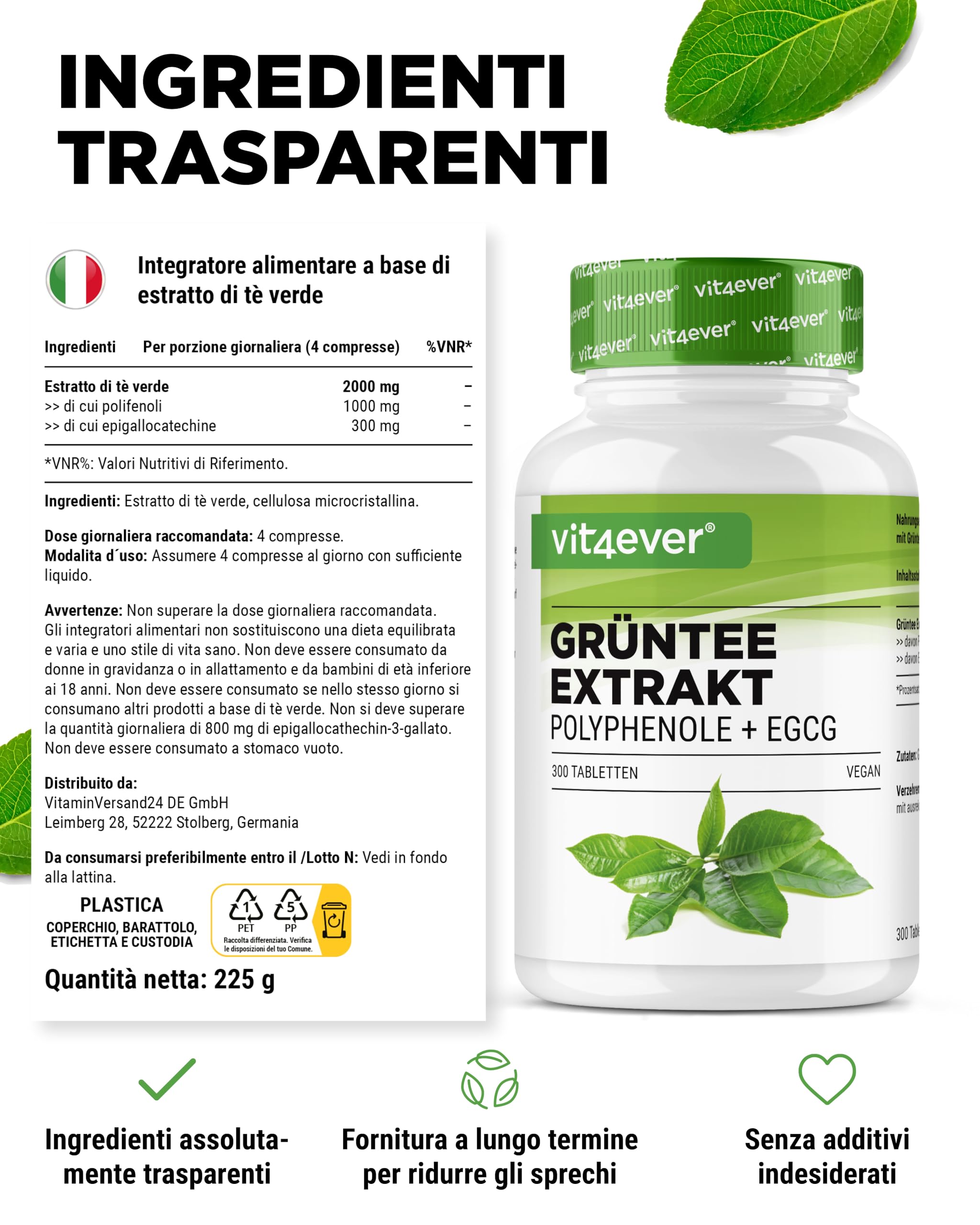 Estratto di tè verde 300 compresse ad alto dosaggio - 2000 mg di estratto di tè verde, 300 mg di EGCG e 1100 mg di polifenoli per dose giornaliera - Tè verde - Vegan