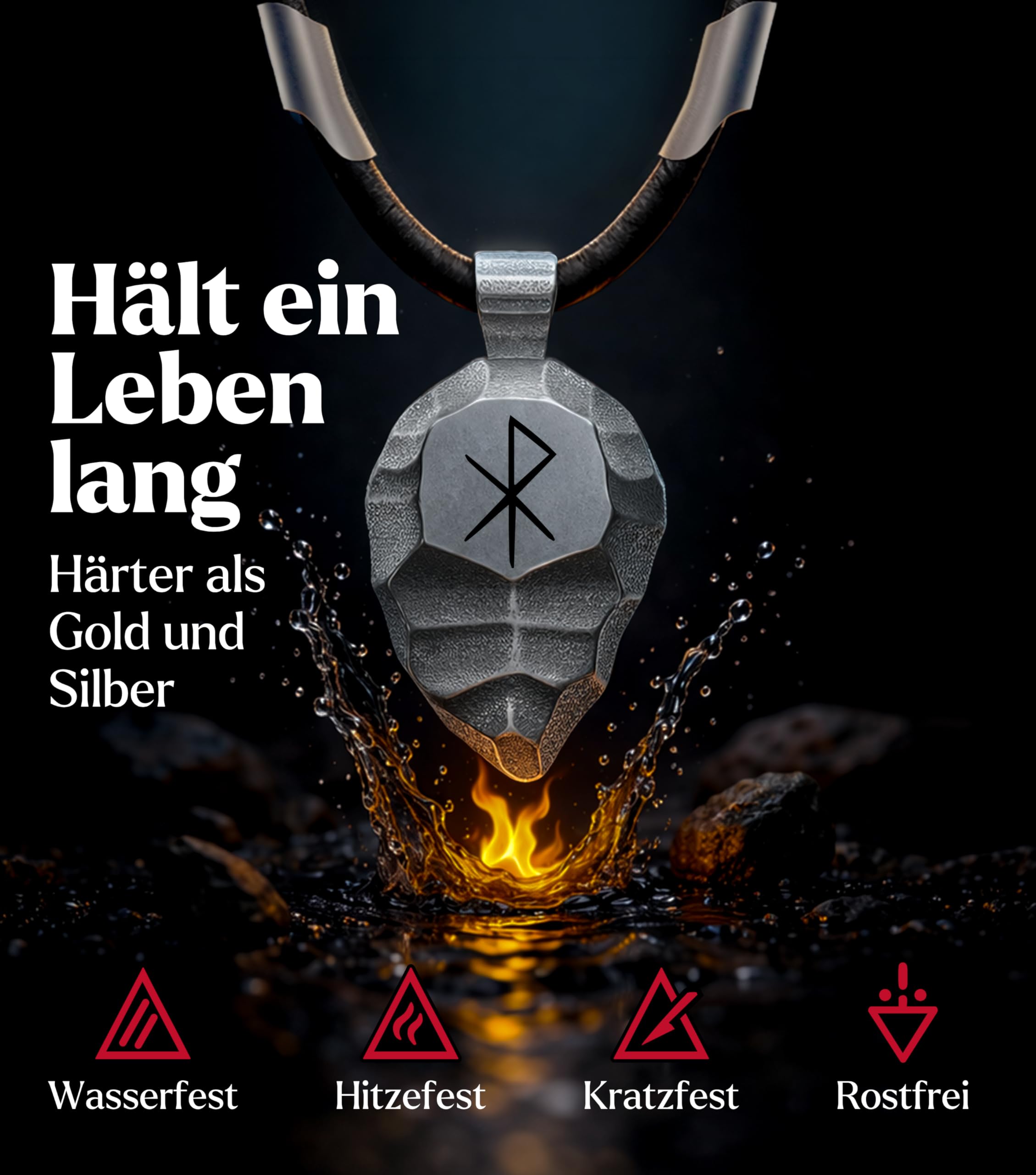 Titan-Anhänger Keil mit Rune der Liebe – Unisex Halskette aus schwarzem Lederband und robustem Titan – Nordischer Runen-Schmuck & Talisman für Damen und Herren