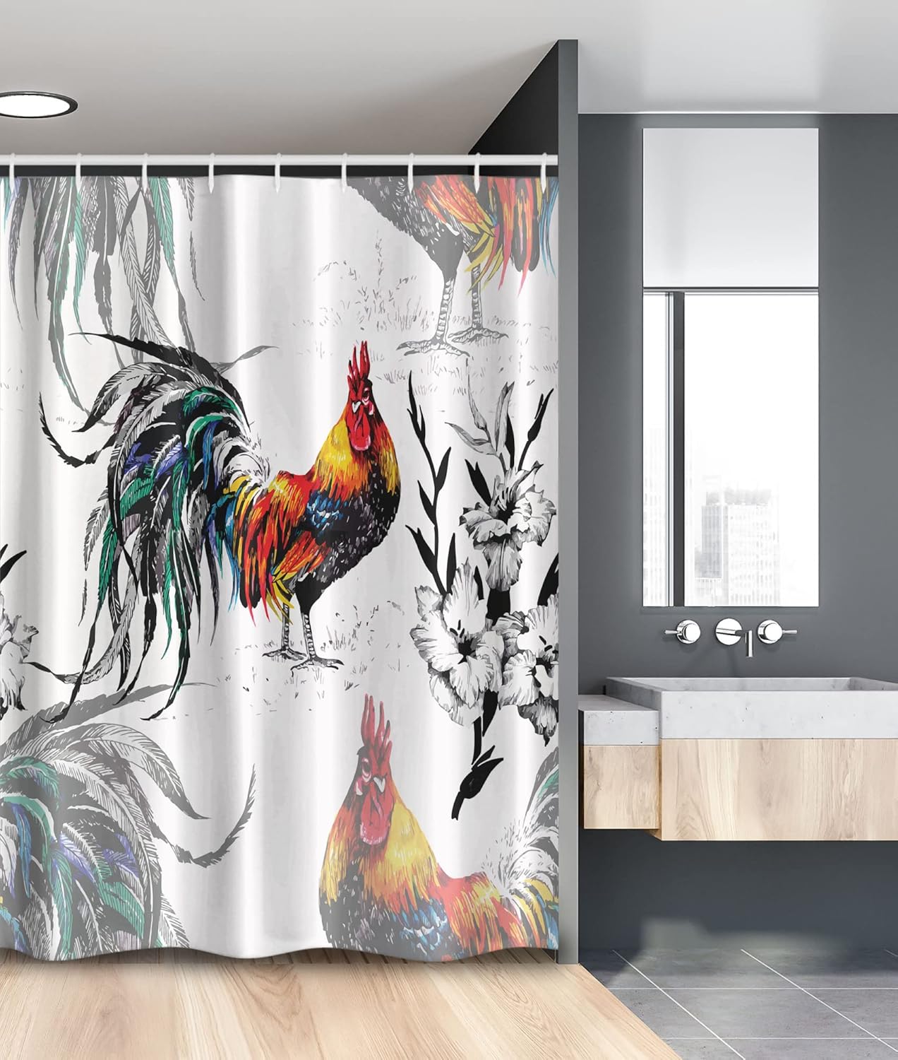 Ambesonne Gallus Stall Shower Curtain, Roosters Crowing Sound Silhouettes and Flowers Insect Butterfly Standing Plumage, Fabric Bathroom Decor Set with Hooks, 36" W x 72" L, Black White
