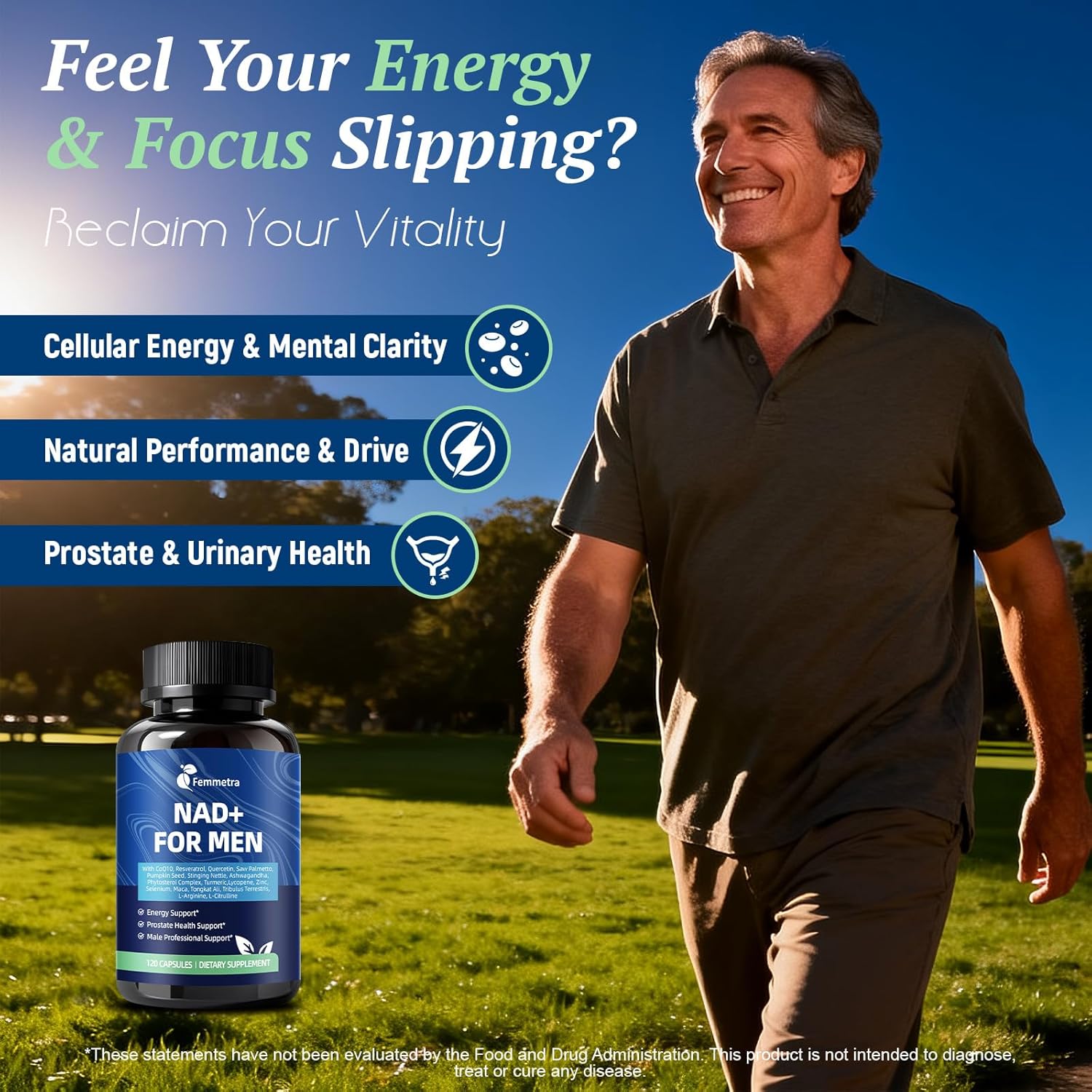 NAD Supplements for Men with 40+ | All-in-One Cellular Energy, Prostate Support & Nitric Oxide Supplement with Saw Palmetto, Resveratrol | Non-GMO, 2 Bottles