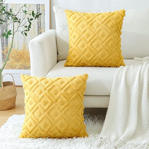 Miniatura 2 de OTOSTAR Paquete de 2 fundas de cojín decorativas de terciopelo de lana suave y corta con patrón de bucle cuadrado 3D, estilo de lujo, fundas de