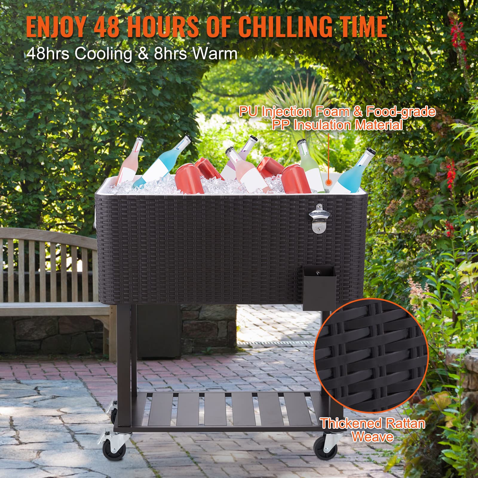 VEVOR Carrello Mobile Bar Frigo per Bevande Carrello Isotermico Superficie Resina Rattan Capienza 80QT Apribottiglie Scatola Raccoglie Tappi, Carrello per Bevande Contenitore per Ghiaccio Portabirre