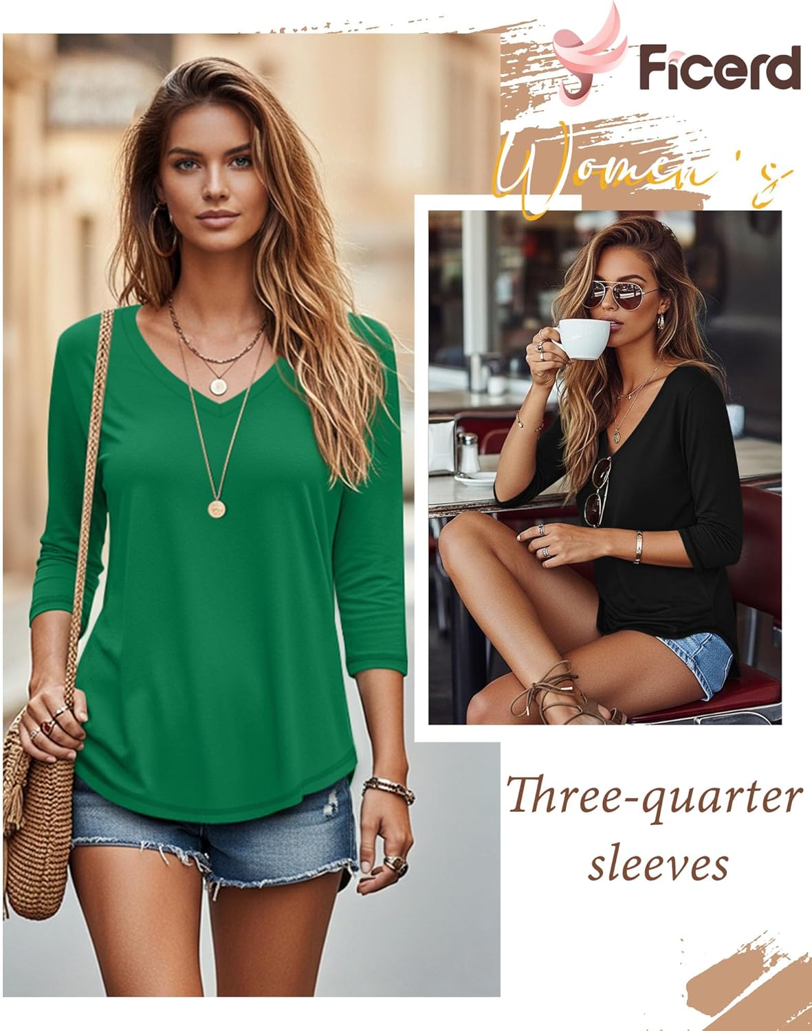 Ficerd 3 Pack Women's 3/4 Length Sleeve T Shirts, V Neck Tops Loose Fit Blouses Casual Tees 2026 Fashion Clothes - Image 3