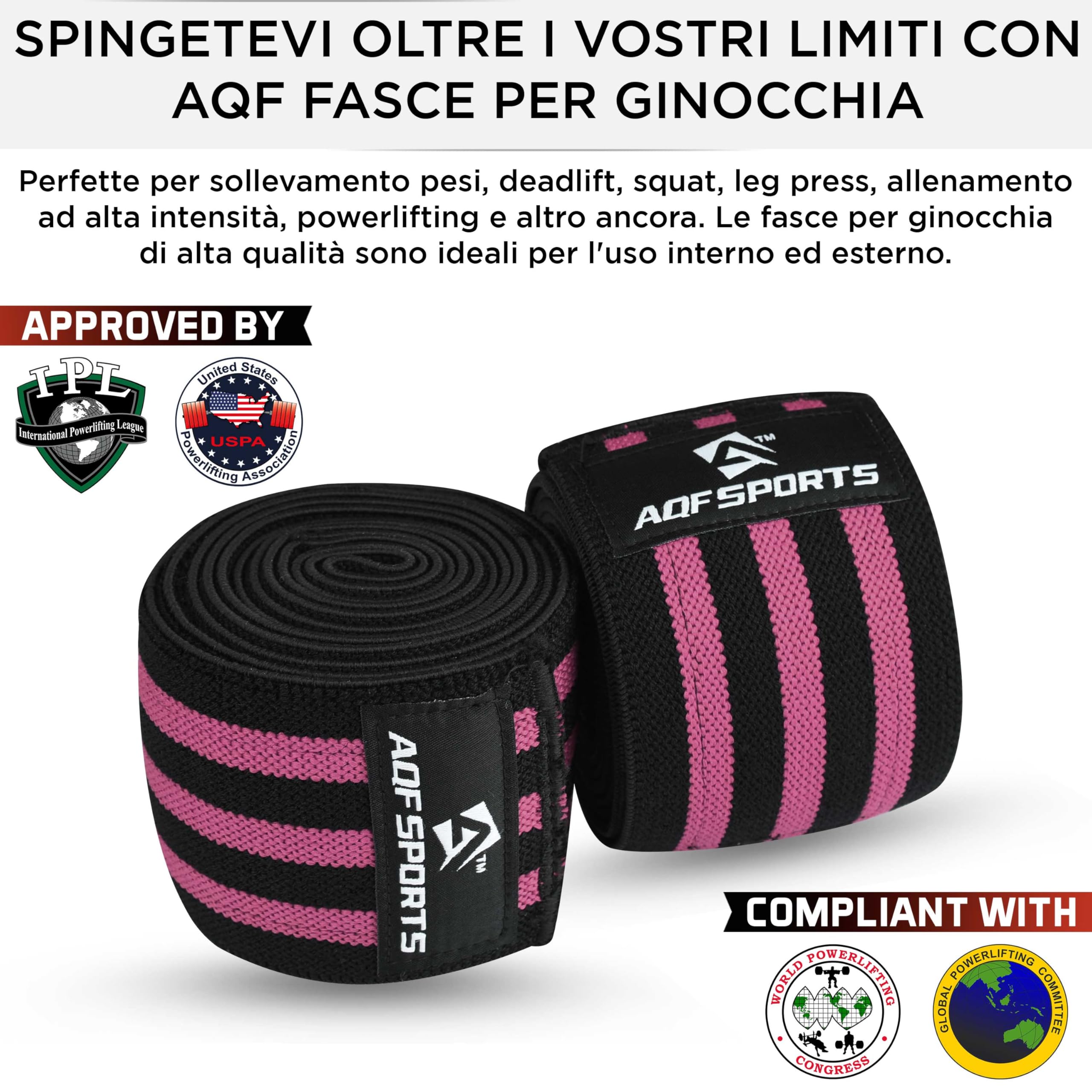 AQF Ginocchiere per Sollevamento Pesi, Con Certificazione IPL e USPA, per Palestra, Resistenti, 198,1 cm, Cinghie di Supporto Elasticizzate, per Powerlifting, Squat (Paio)