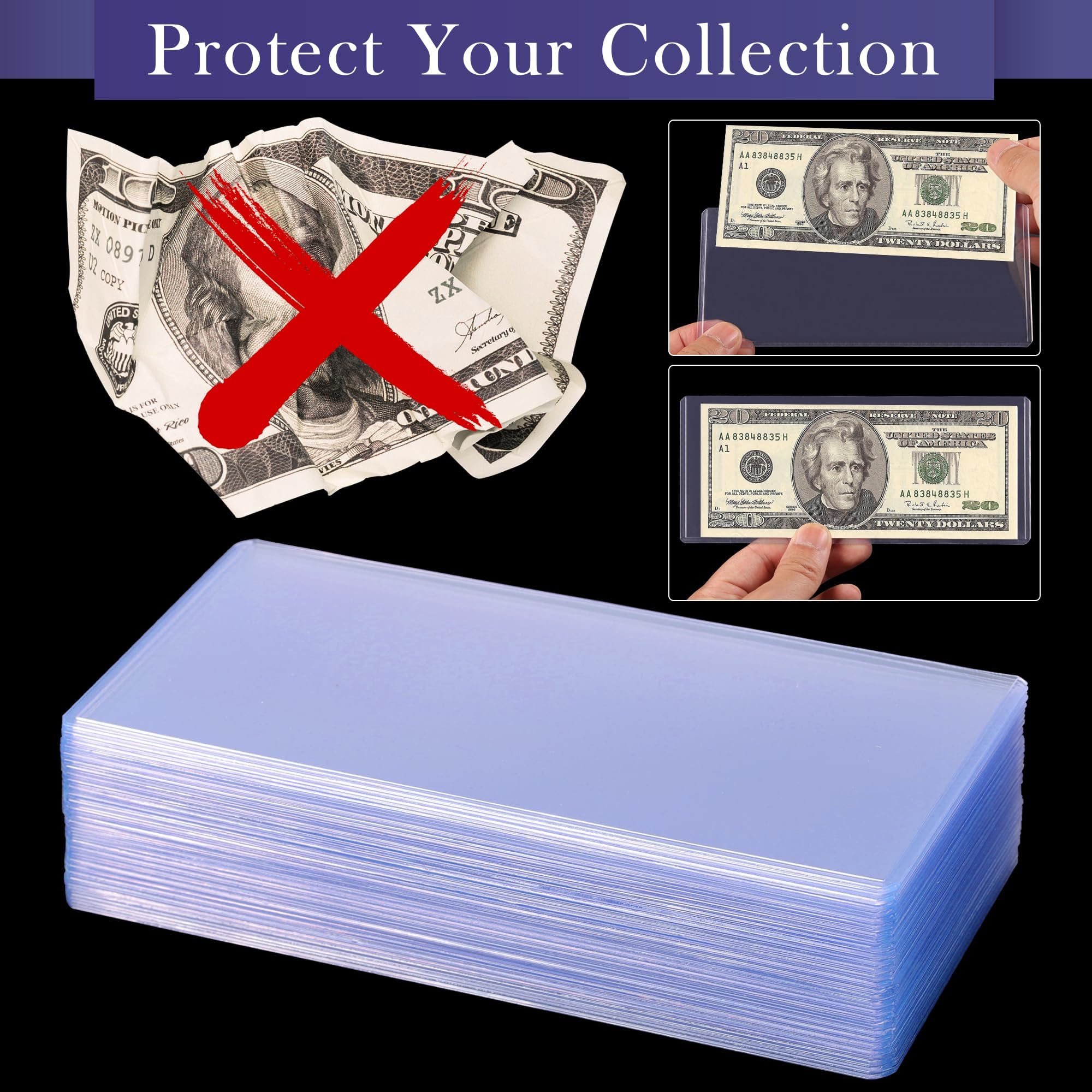 Uncle Paul Lot de 100 supports pour billets de banque - En PVC transparent - Pour billets de banque ordinaires - PN03L100
