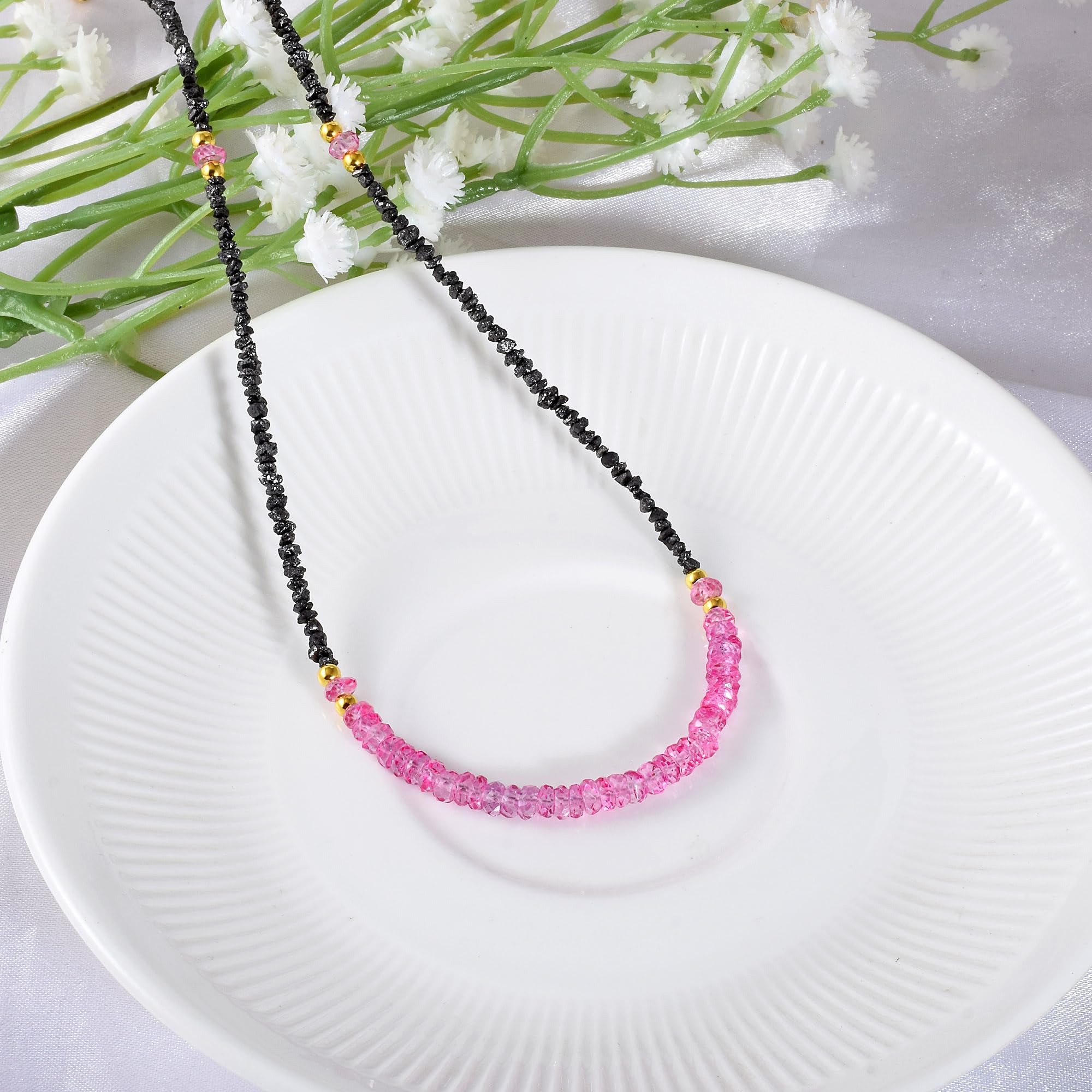 AAA Black Diamond Rondelle fasetowany naszyjnik (2-4 mm) z minimalistycznymi koralikami z różowego topazu - ręcznie robione surowe bryłki diamentów - prezent dla kobiet o ponadczasowym