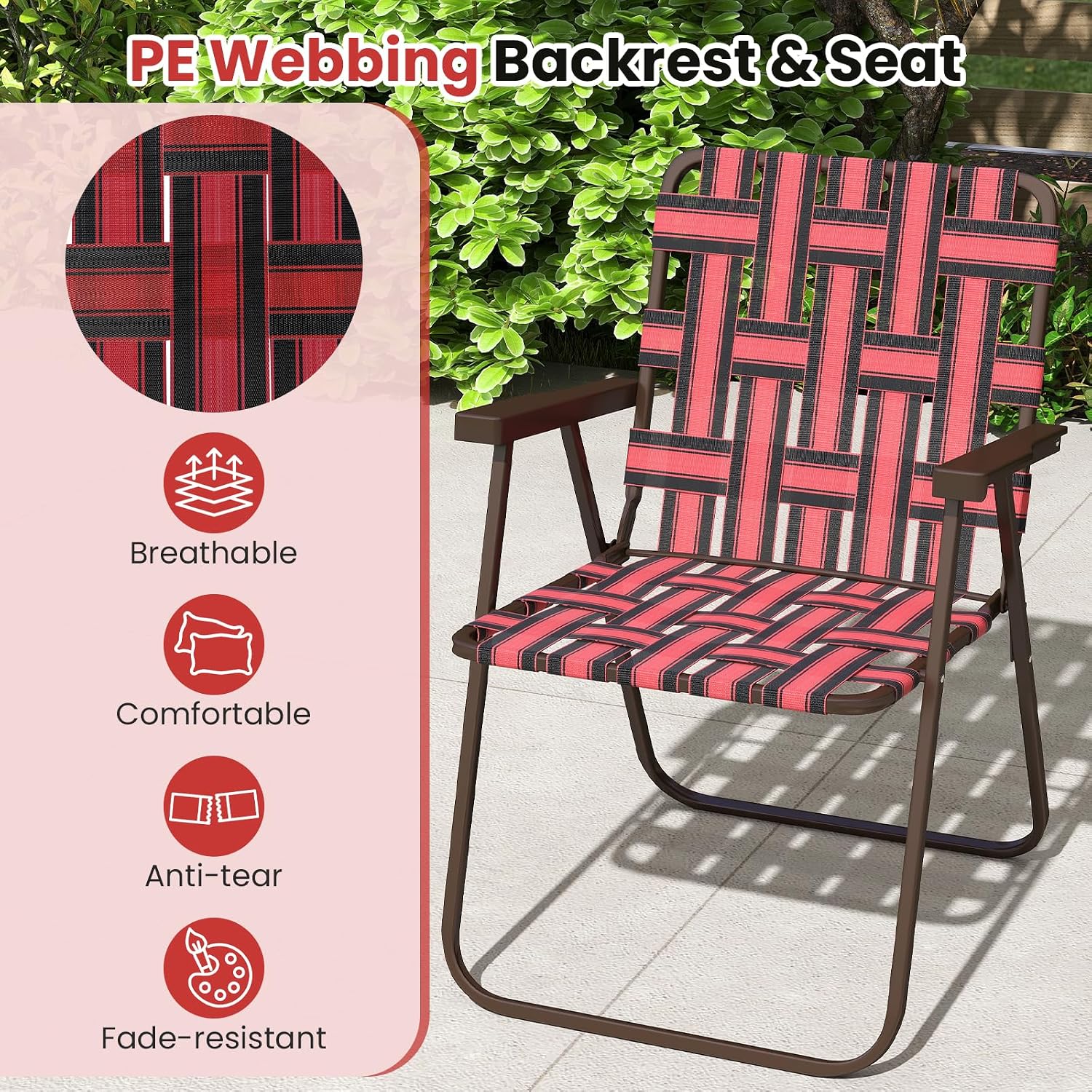 GYMAX Lawn Chair Folding, Webbed Beach Lounge Chairs Set with Highback, Outdoor Portable Lightweight Camping Dinning Chair for Patio, Lawn, Poolside, Sports, Garden, Backyard (2,Red)