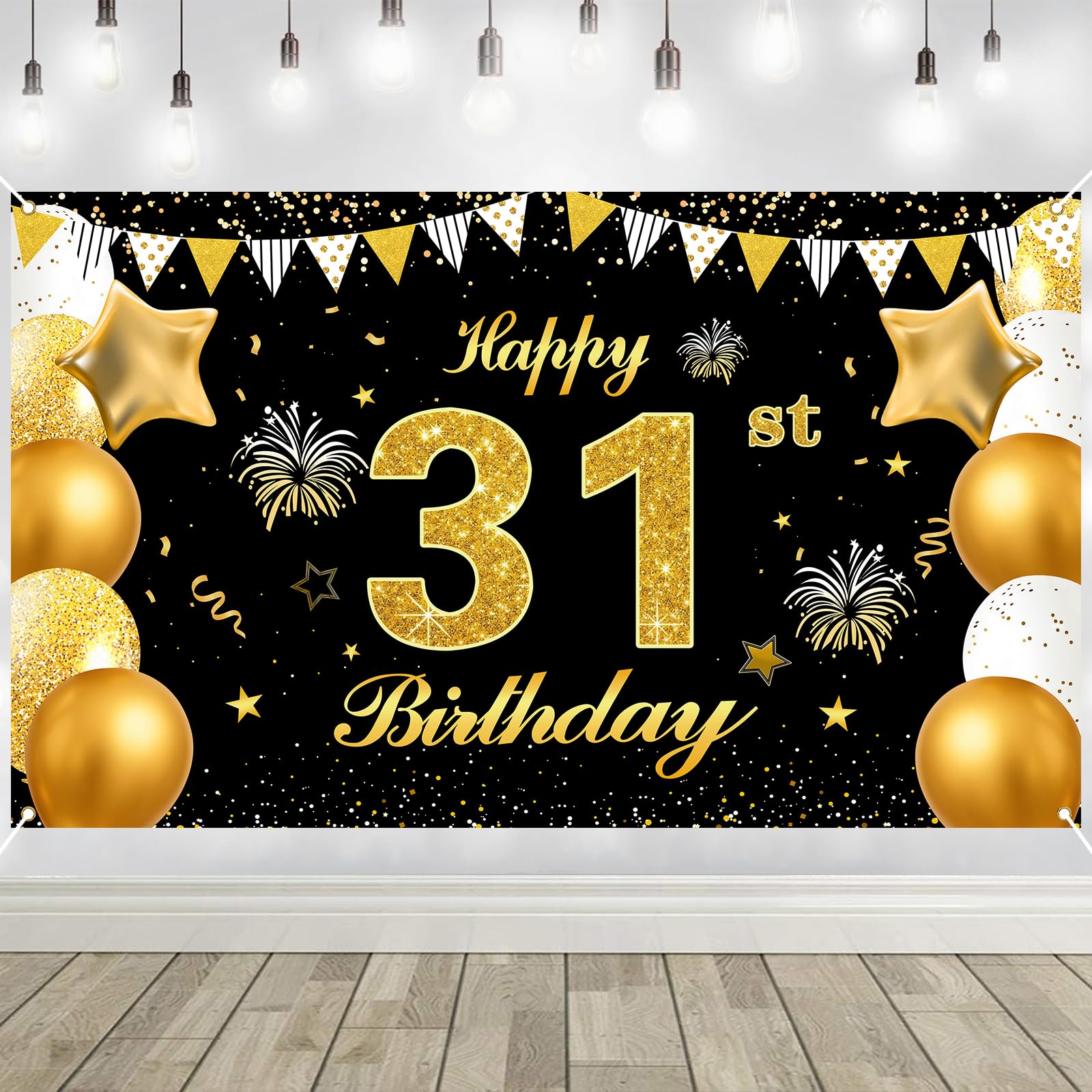 31st Birthday Decorations Banner Gold Black Happy Birthday Door Banner for Party Photo Backdrop for Men Women Home Outdoor Cover Party Decoration Supplies Poster