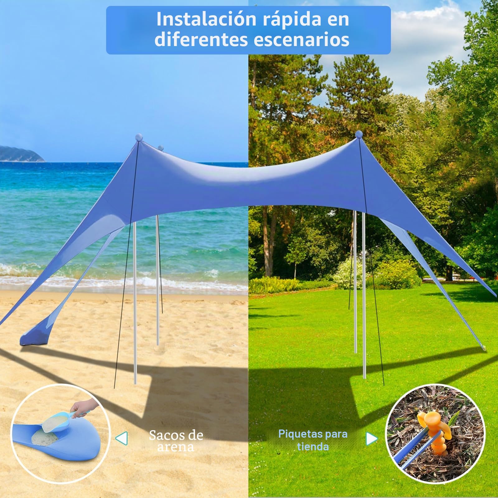 Riggo Tienda de playa, toldo SPF 50+, 3 × 3 m, con pala de arena, piquetas y barras de estabilidad, protección contra viento y sol, camping, pesca, diversión