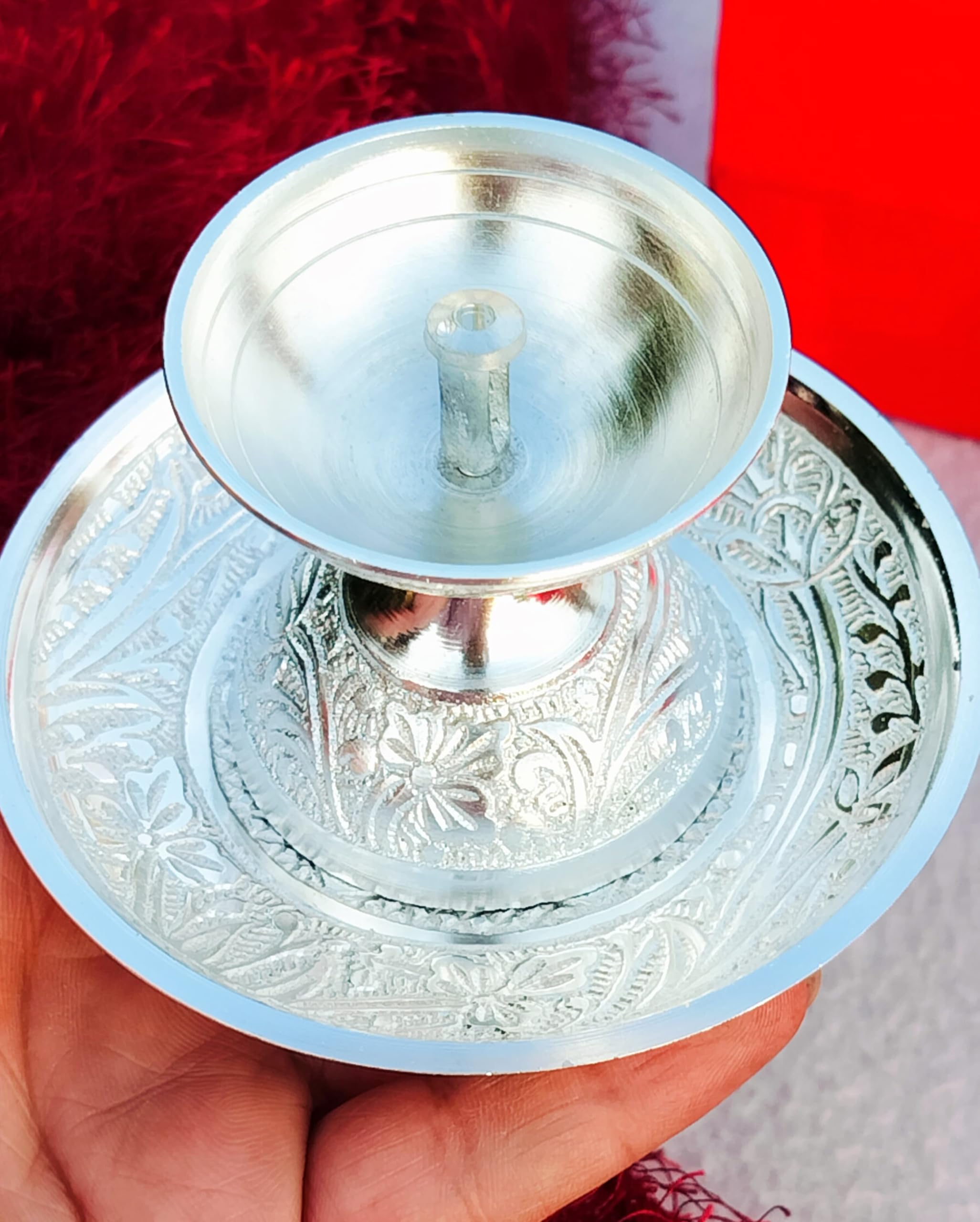indiancraftsbykanika German Silver Daily use Akhand Diya with aarti Plate Set, Set of 2 Pair(4 Pieces) for Housewarming/Diwali/Vara Lakshmi Pooja