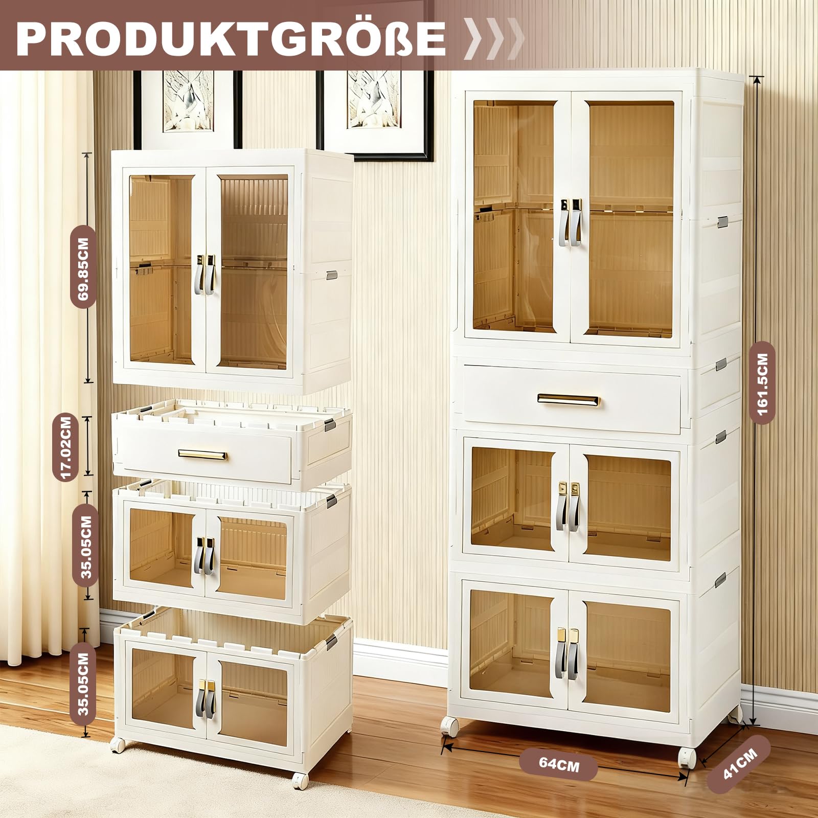 Kunststoff-Klappschrank mit Magnettüren und Rollen, 1 Aufhängung und 3 Aufbewahrungsplätze, 64x41x161,5 cm, Stabile und robuste Mehrzweckschränke für Zuhause und Büros
