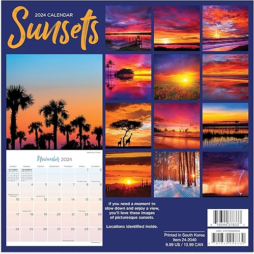 Miniatura 6 de TF PUBLISHING Mini calendario 2024 Sunsets  Rejillas grandes para citas y programación  Calendario mensual vertical de pared 2024  Organización del
