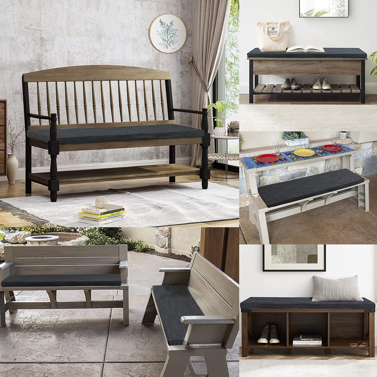 baibu 42 Inch Classic Solid Color Bench Cushion with Ties, Non-Slip Indoor Outdoor Rectangle Bench Seat Cushion Standard Size Foam Pad with Machine Washable Cover (Black, 42x16x1.5in)