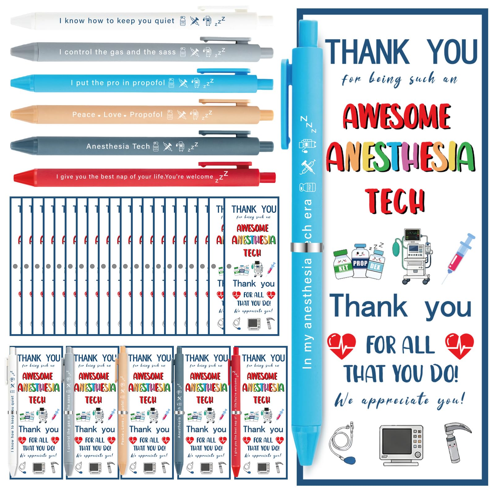 Crtiin 36 Sets Nurse Appreciation Gifts Bulk Funny Anesthesia Pens with Thank You Cards & Ties, Nurses Week Gift 2026, Medical Party Favors for Nursing Staff